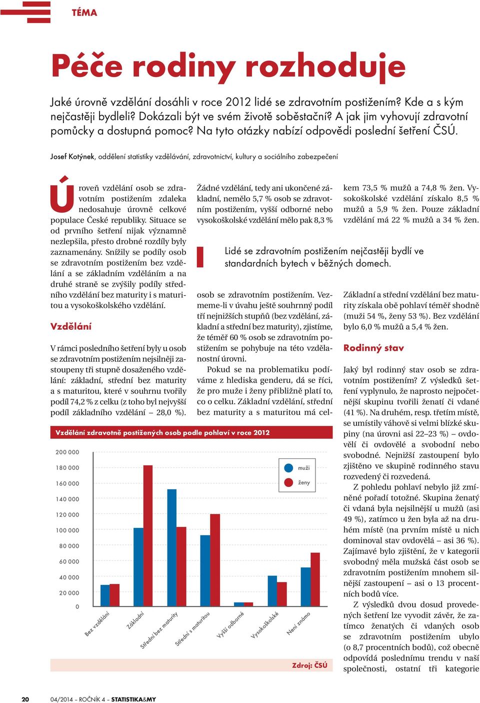 Josef Kotýnek, oddělení statistiky vzdělávání, zdravotnictví, kultury a sociálního zabezpečení Úroveň vzdělání osob se zdravotním postižením zdaleka nedosahuje úrovně celkové populace České republiky.