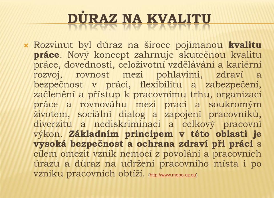 zabezpečení, začlenění a přístup k pracovnímu trhu, organizaci práce a rovnováhu mezi prací a soukromým životem, sociální dialog a zapojení pracovníků, diverzitu a