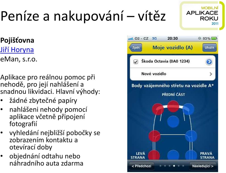 išťovna Jiří Horyna eman, s.r.o. Aplikace pro reálnou pomoc při nehodě, pro její nahlášení a snadnou likvidaci.