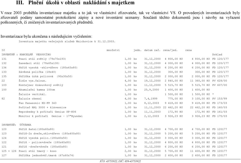 Součástí těchto dokumentů jsou i návrhy na vyřazení poškozených, či zničených inventarizovaných předmětů.