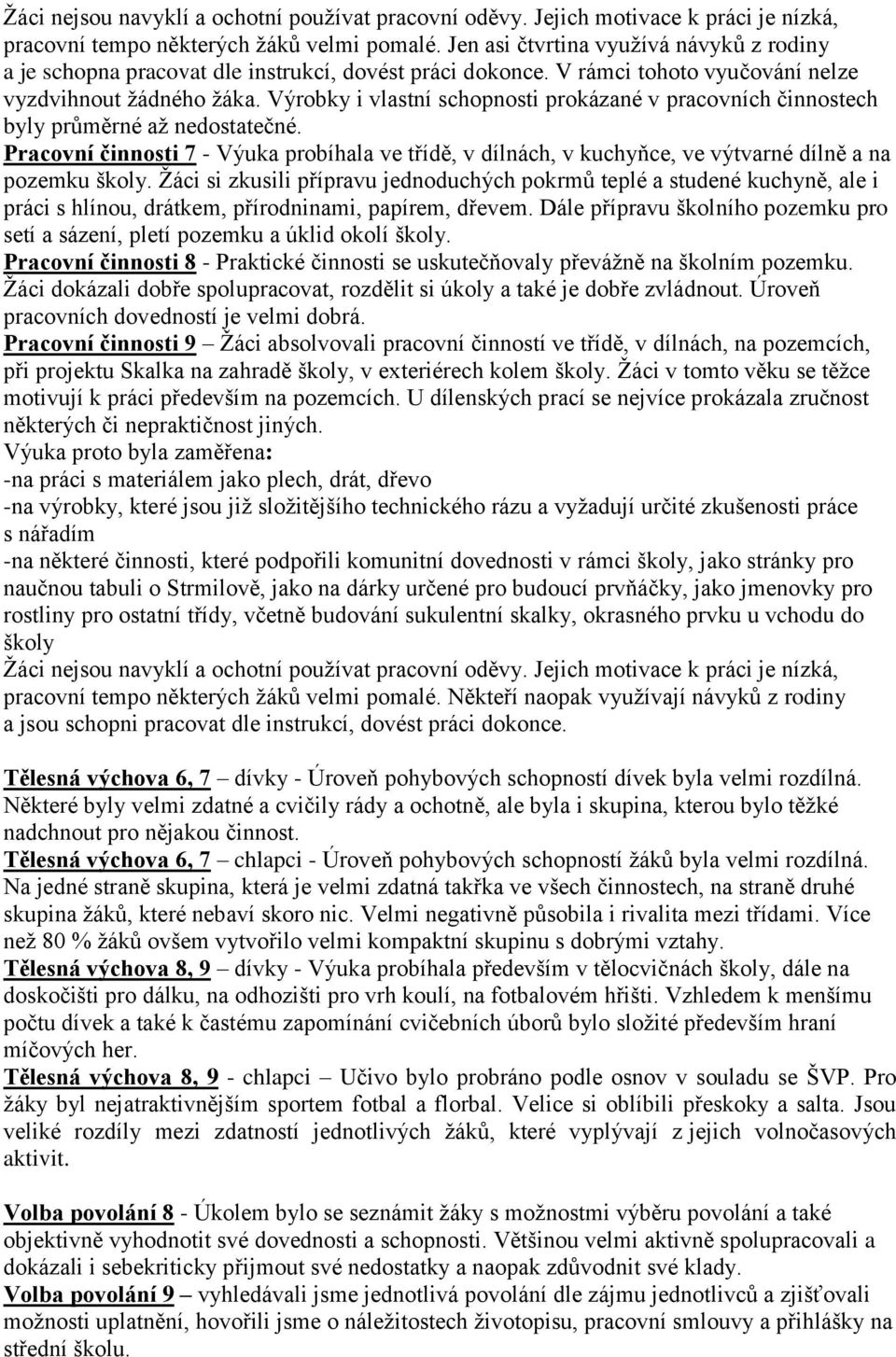 Výrobky i vlastní schopnosti prokázané v pracovních činnostech byly průměrné až nedostatečné.