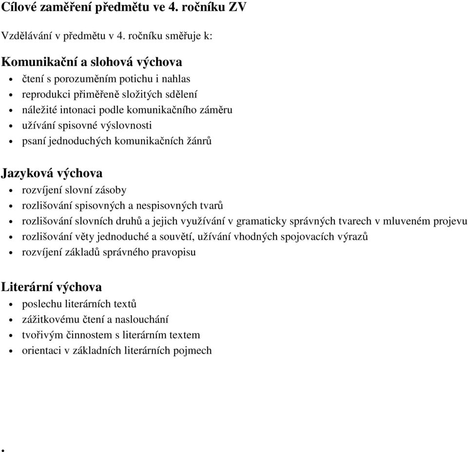 výslovnosti psaní jednoduchých komunikačních žánrů Jazyková výchova rozvíjení slovní zásoby rozlišování spisovných a nespisovných tvarů rozlišování slovních druhů a jejich využívání v