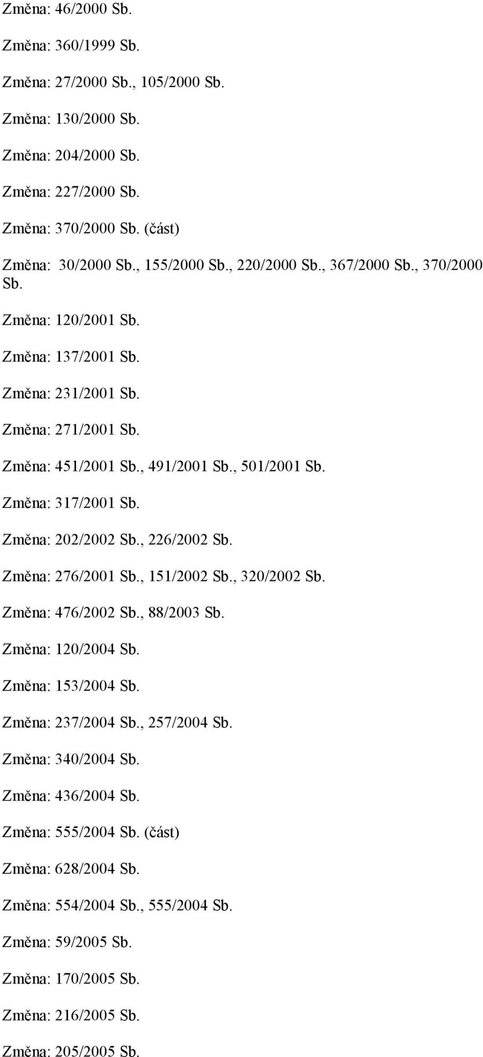 Změna: 202/2002 Sb., 226/2002 Sb. Změna: 276/2001 Sb., 151/2002 Sb., 320/2002 Sb. Změna: 476/2002 Sb., 88/2003 Sb. Změna: 120/2004 Sb. Změna: 153/2004 Sb. Změna: 237/2004 Sb., 257/2004 Sb.