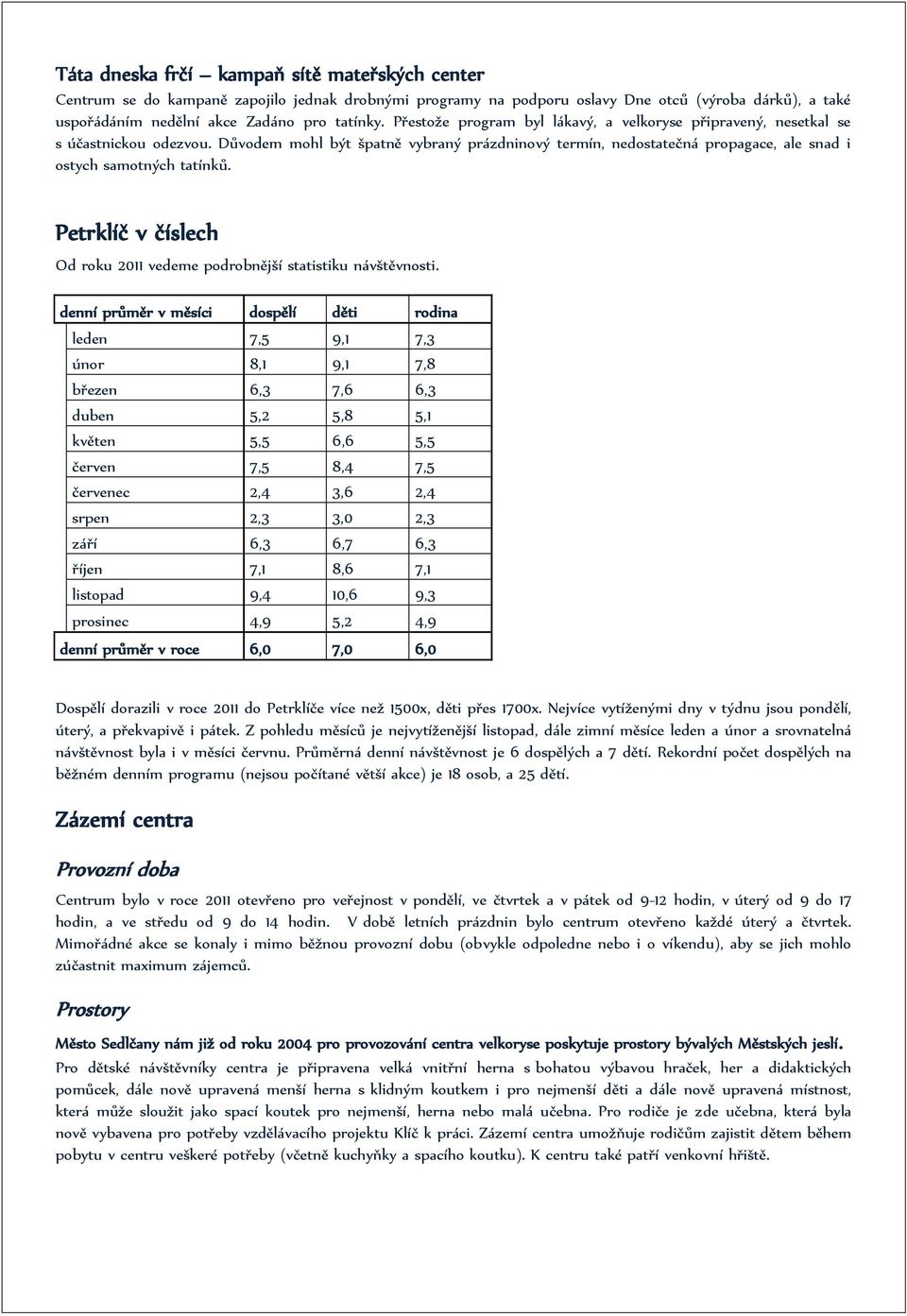 Petrklíč v číslech Od roku 2011 vedeme podrobnější statistiku návštěvnosti.