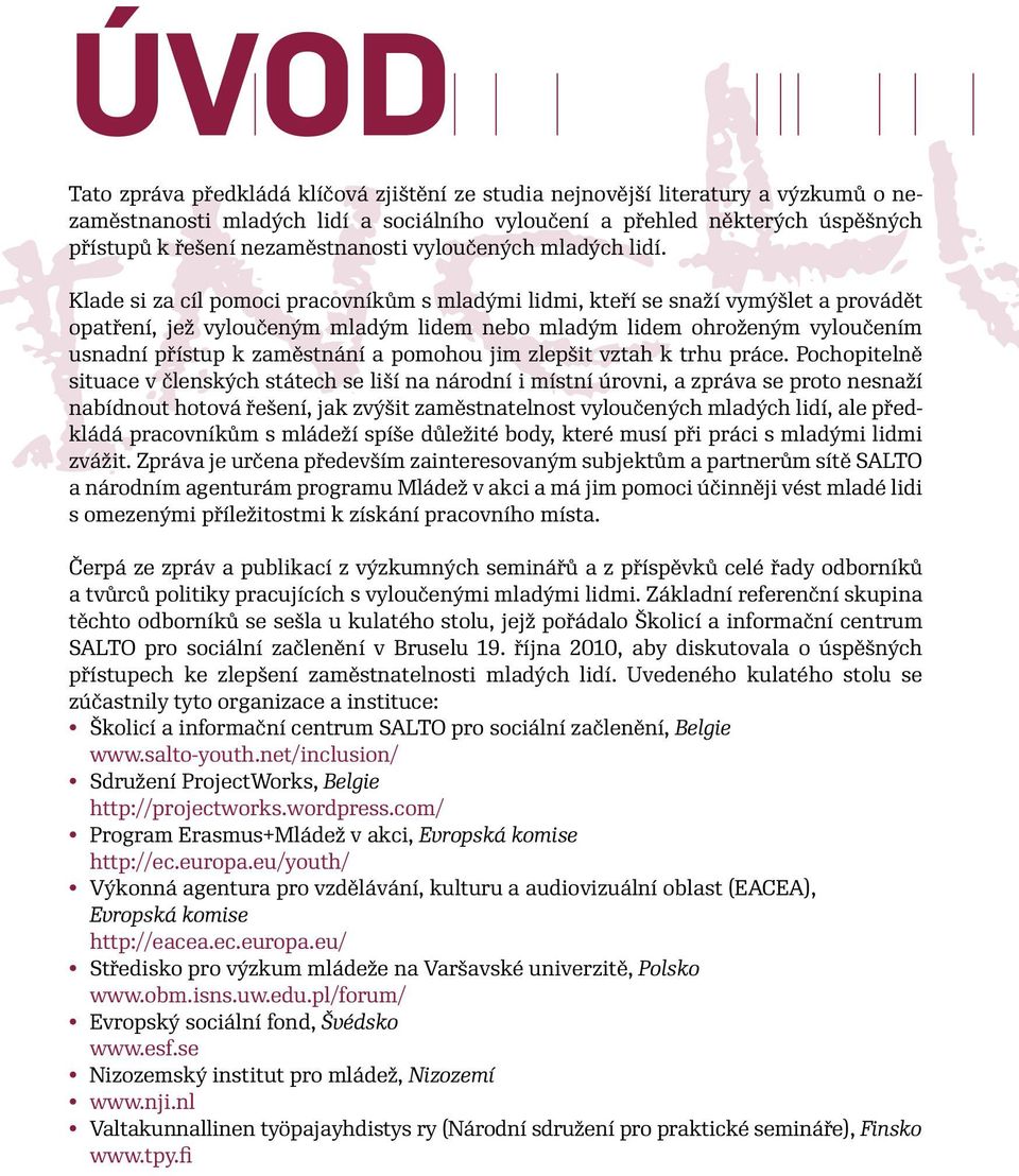 Klade si za cíl pomoci pracovníkům s mladými lidmi, kteří se snaží vymýšlet a provádět opatření, jež vyloučeným mladým lidem nebo mladým lidem ohroženým vyloučením usnadní přístup k zaměstnání a
