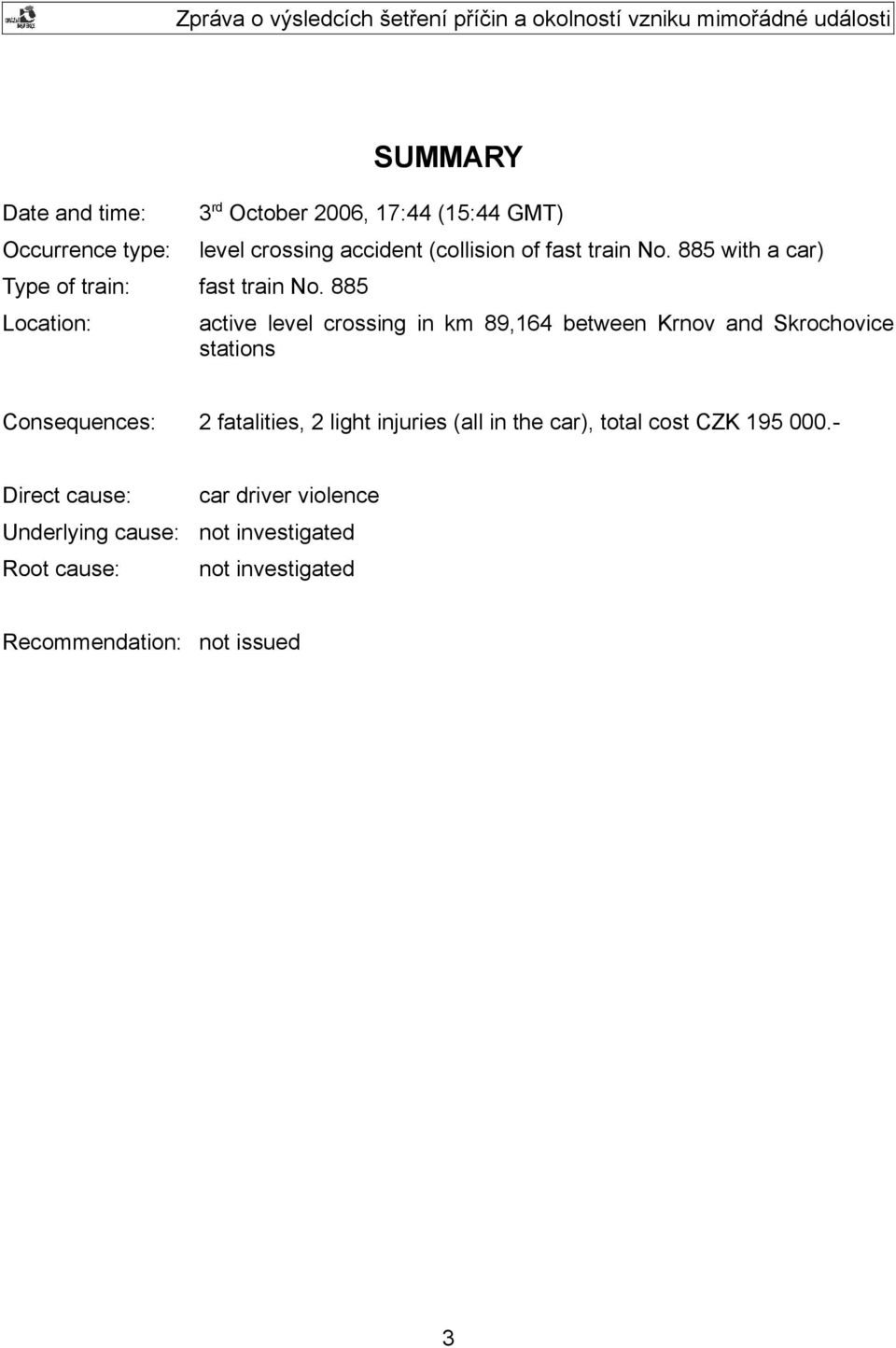 885 with a car) active level crossing in km 89,164 between Krnov and Skrochovice stations Consequences: 2 fatalities, 2