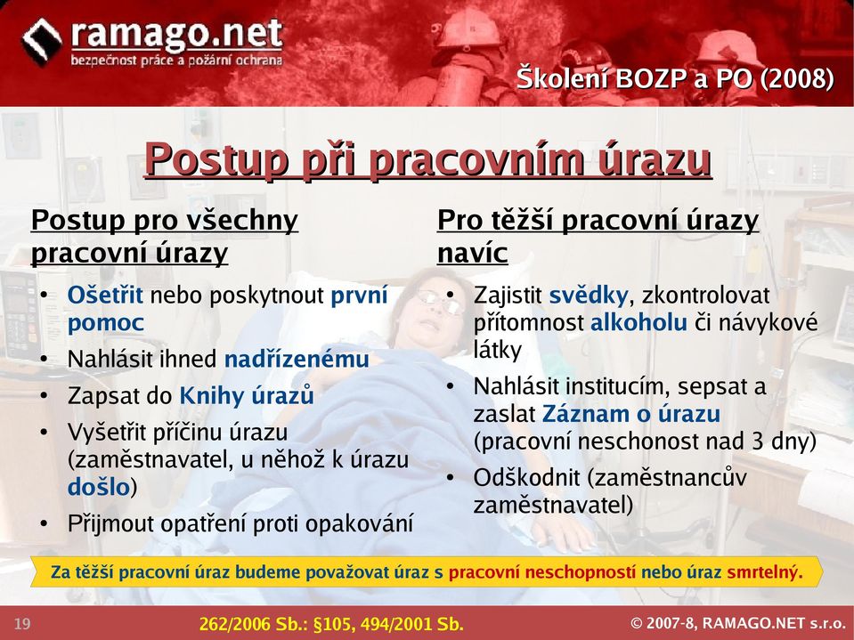 zkontrolovat přítomnost alkoholu či návykové látky Nahlásit institucím, sepsat a zaslat Záznam o úrazu (pracovní neschonost nad 3 dny) Odškodnit