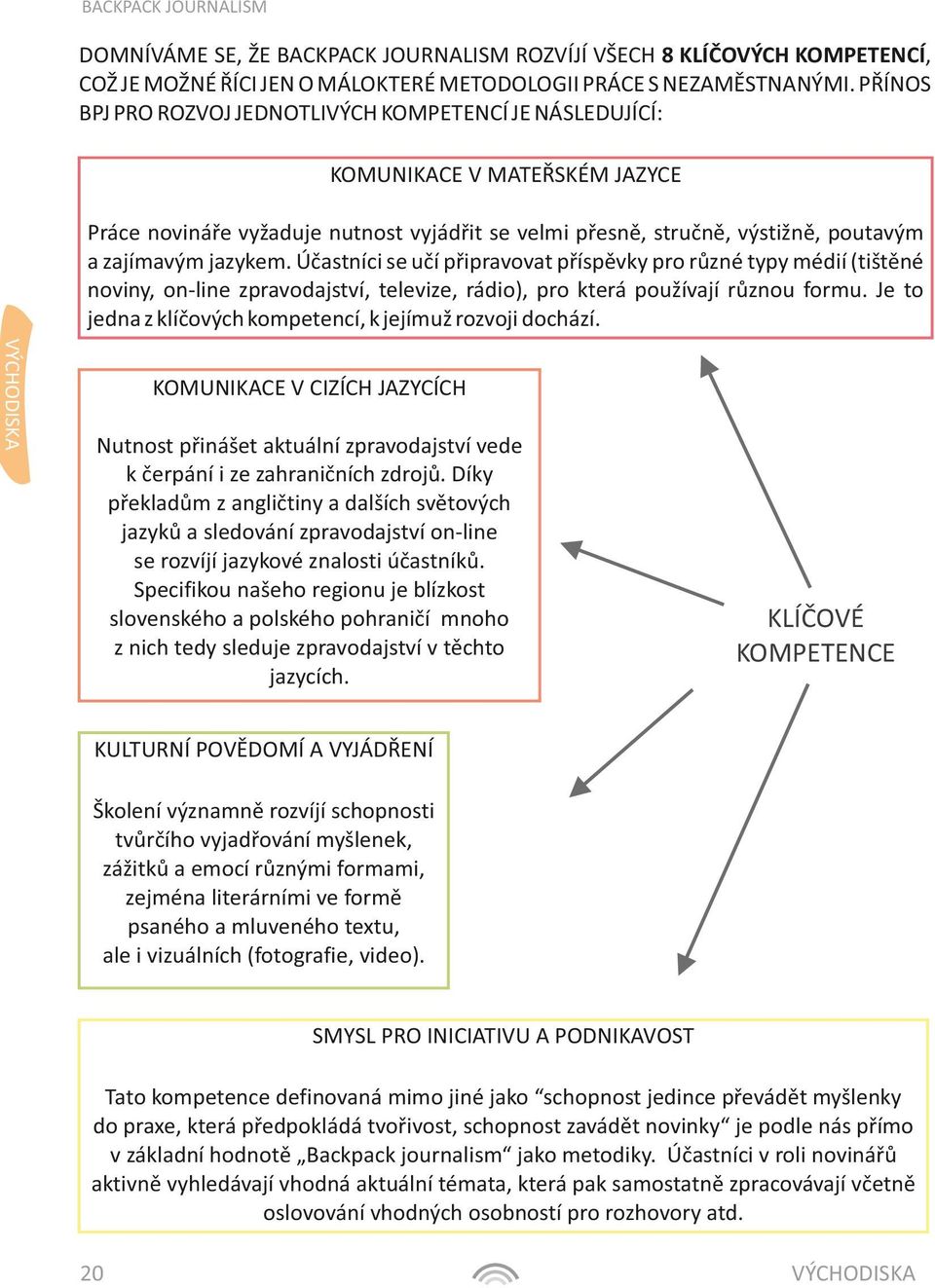 Účastníci se učí připravovat příspěvky pro různé typy médií (tištěné noviny, on-line zpravodajství, televize, rádio), pro která používají různou formu.