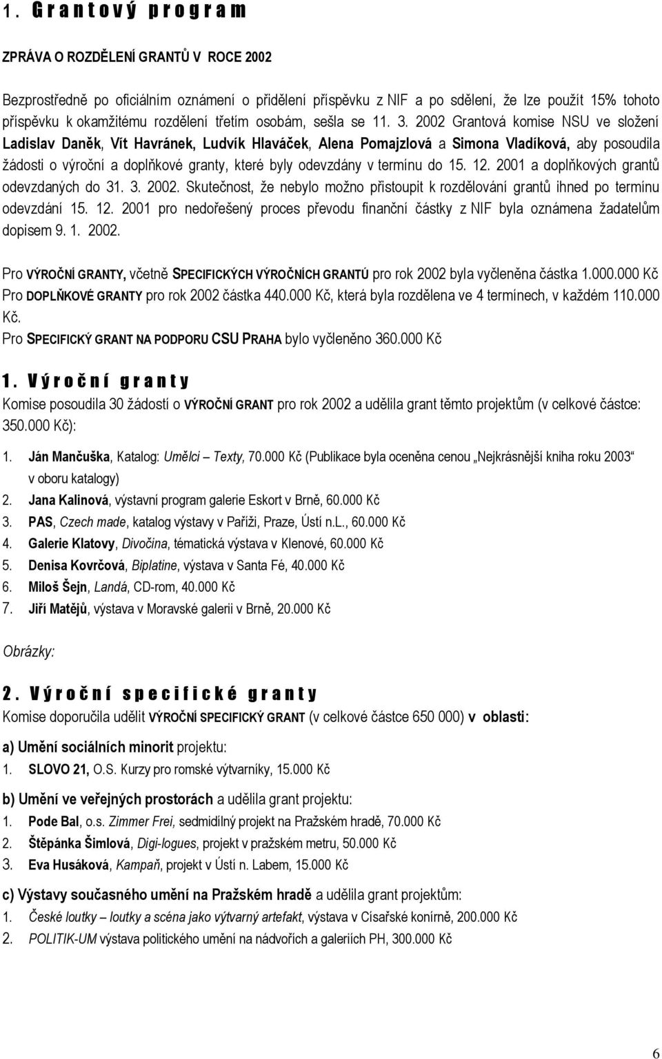 2002 Grantová komise NSU ve složení Ladislav Daněk, Vít Havránek, Ludvík Hlaváček, Alena Pomajzlová a Simona Vladíková, aby posoudila žádosti o výroční a doplňkové granty, které byly odevzdány v