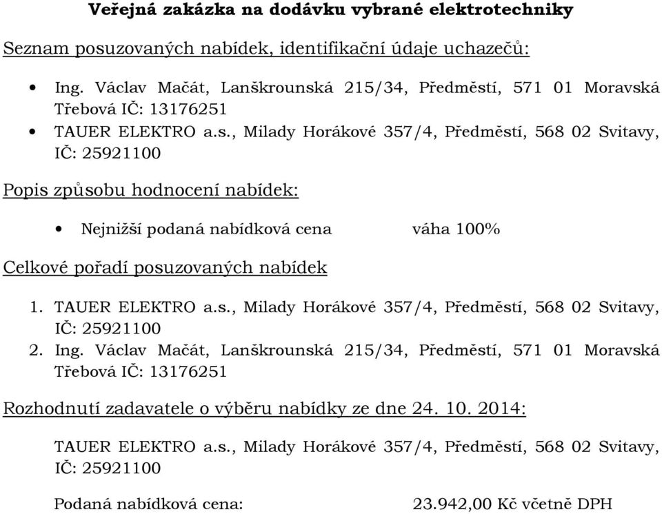 TAUER ELEKTRO a.s., Milady Horákové 357/4, Předměstí, 568 02 Svitavy, IČ: 25921100 2. Ing.