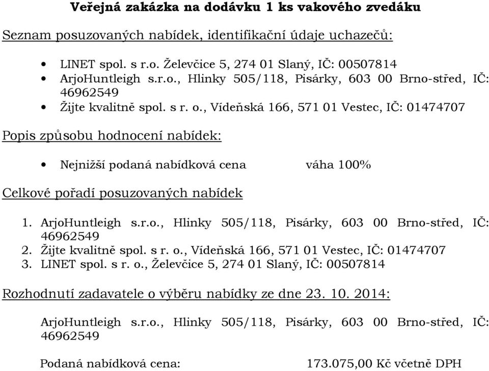 o., Vídeňská 166, 571 01 Vestec, IČ: 01474707 3. LINET spol. s r. o., Želevčice 5, 274 01 Slaný, IČ: 00507814 Rozhodnutí zadavatele o výběru nabídky ze dne 23.