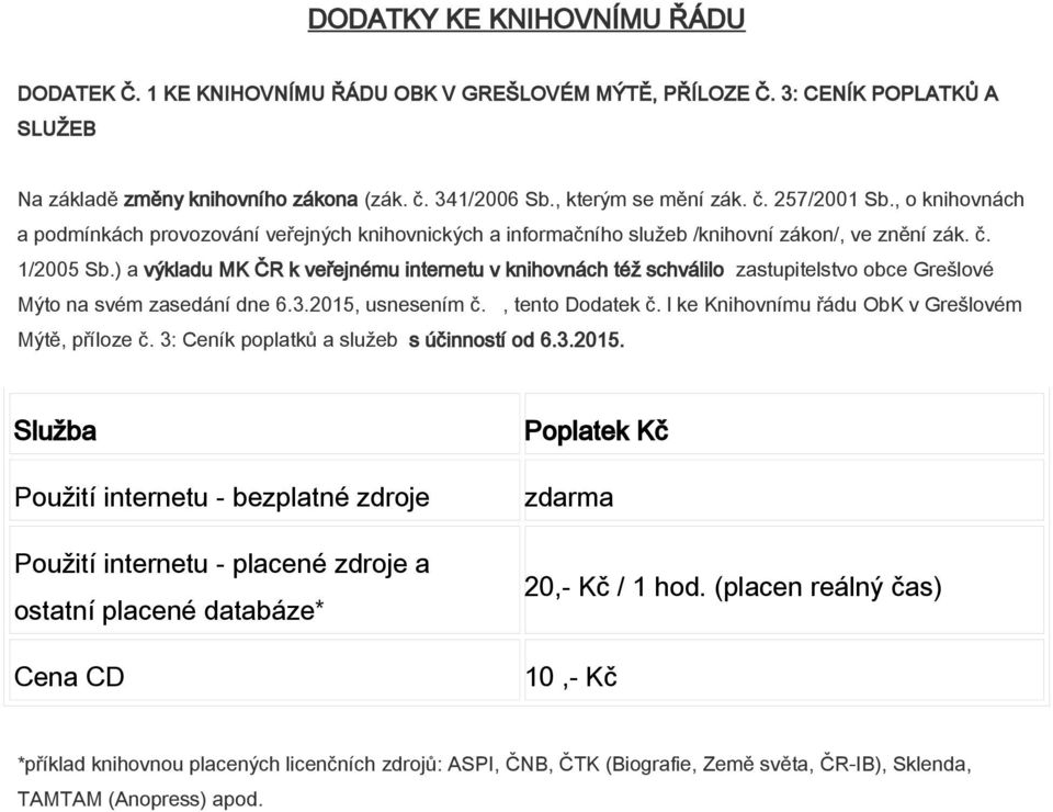 ) a výkladu MK ČR k veřejnému internetu v knihovnách též schválilo zastupitelstvo obce Grešlové Mýto na svém zasedání dne 6.3.2015, usnesením č., tento Dodatek č.