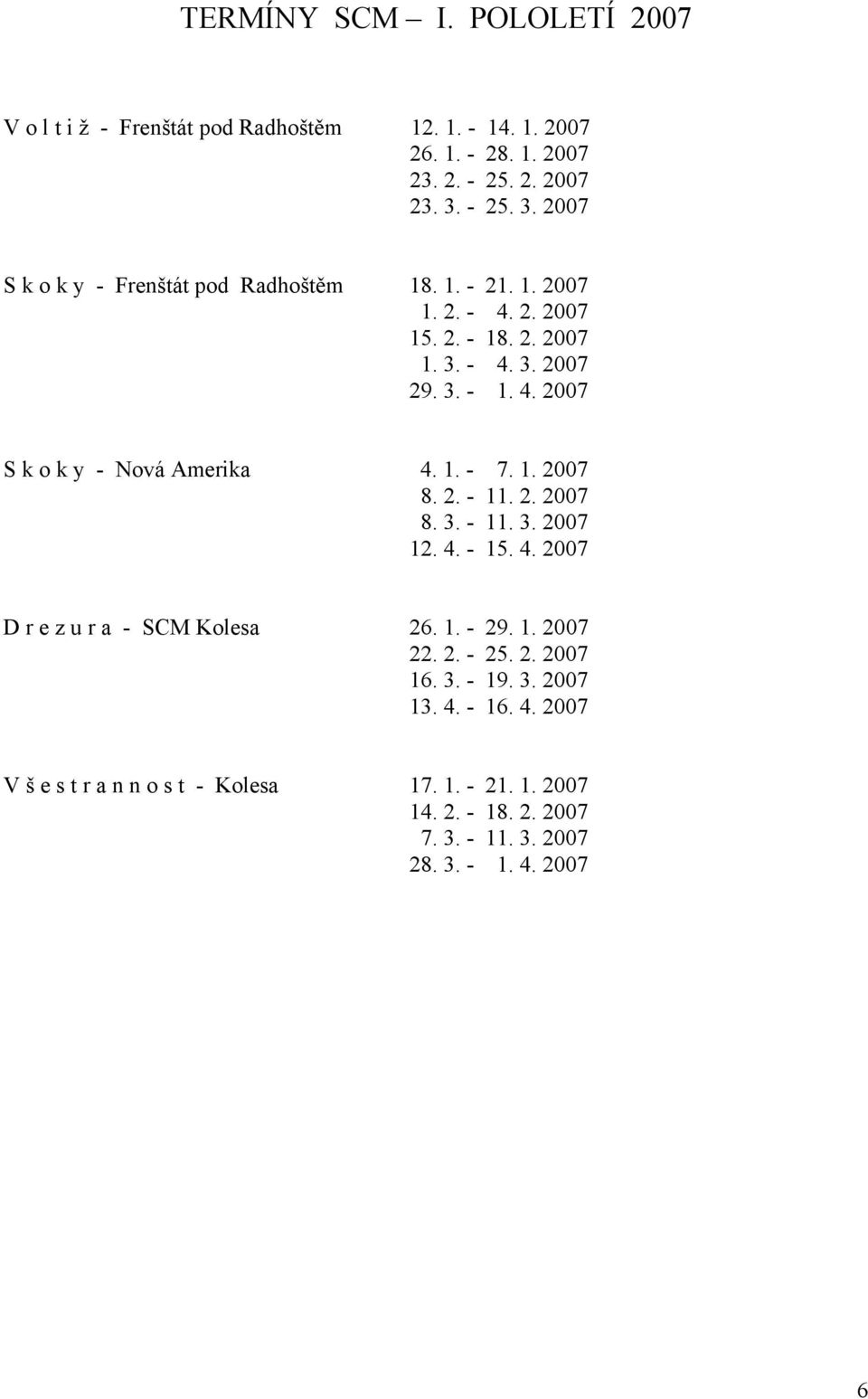 1. - 7. 1. 2007 8. 2. - 11. 2. 2007 8. 3. - 11. 3. 2007 12. 4. - 15. 4. 2007 D r e z u r a - SCM Kolesa 26. 1. - 29. 1. 2007 22. 2. - 25. 2. 2007 16. 3. - 19.