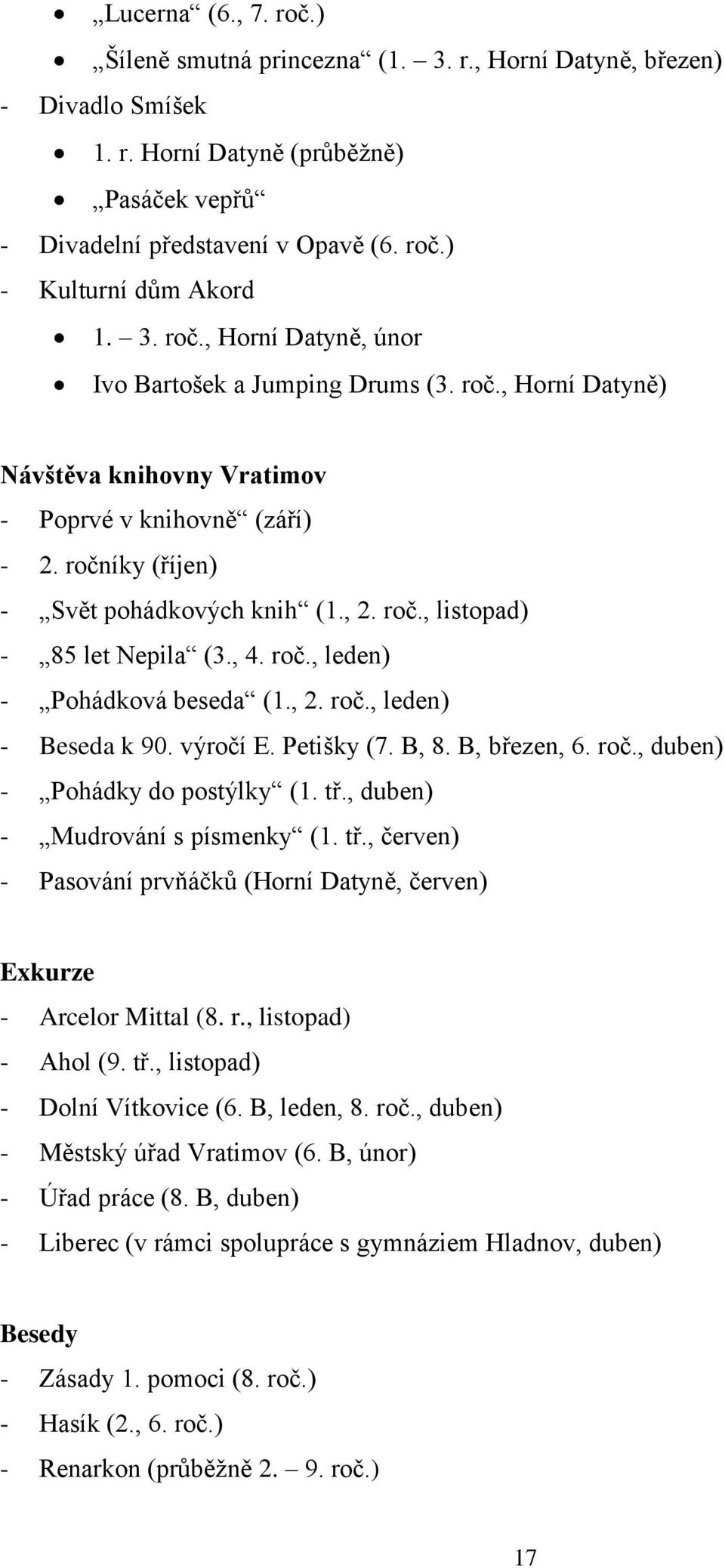 , 4. roč., leden) - Pohádková beseda (1., 2. roč., leden) - Beseda k 90. výročí E. Petišky (7. B, 8. B, březen, 6. roč., duben) - Pohádky do postýlky (1. tř.