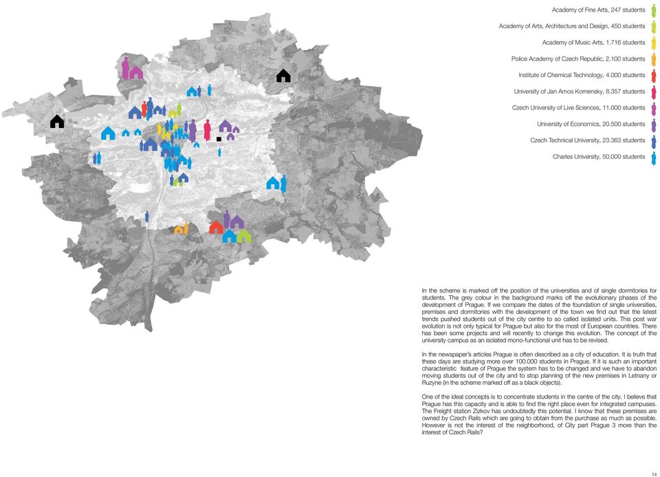 500 students Czech Technical University, 23.363 students Charles University, 50.000 students In the scheme is marked off the position of the universities and of single dormitories for students.