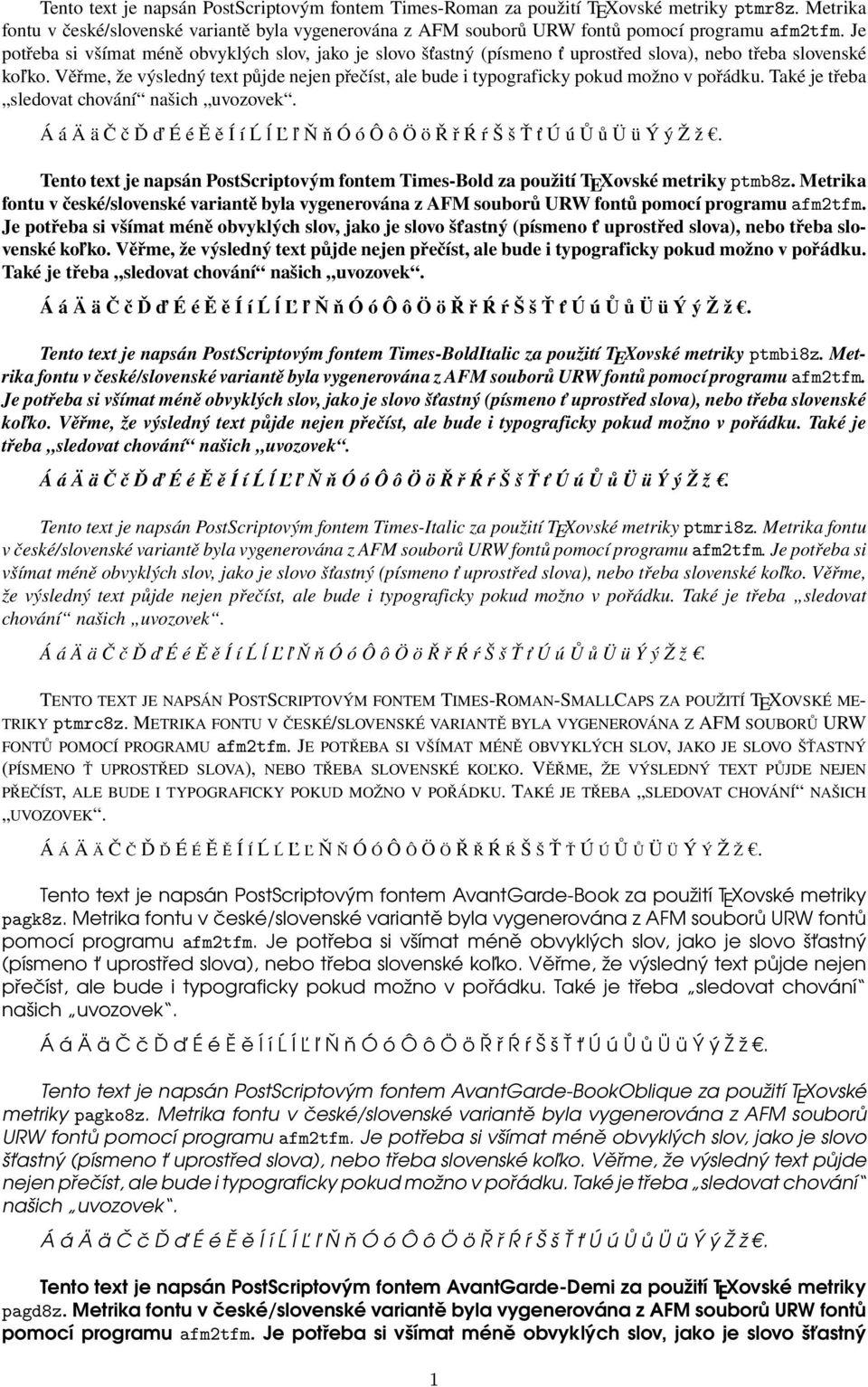 Metrika fontu v české/slovenské variantě byla vygenerována z AFM souborů URW fontů pomocí programu afm2tfm. Je potřeba slova), nebo třeba slovenské koľko.