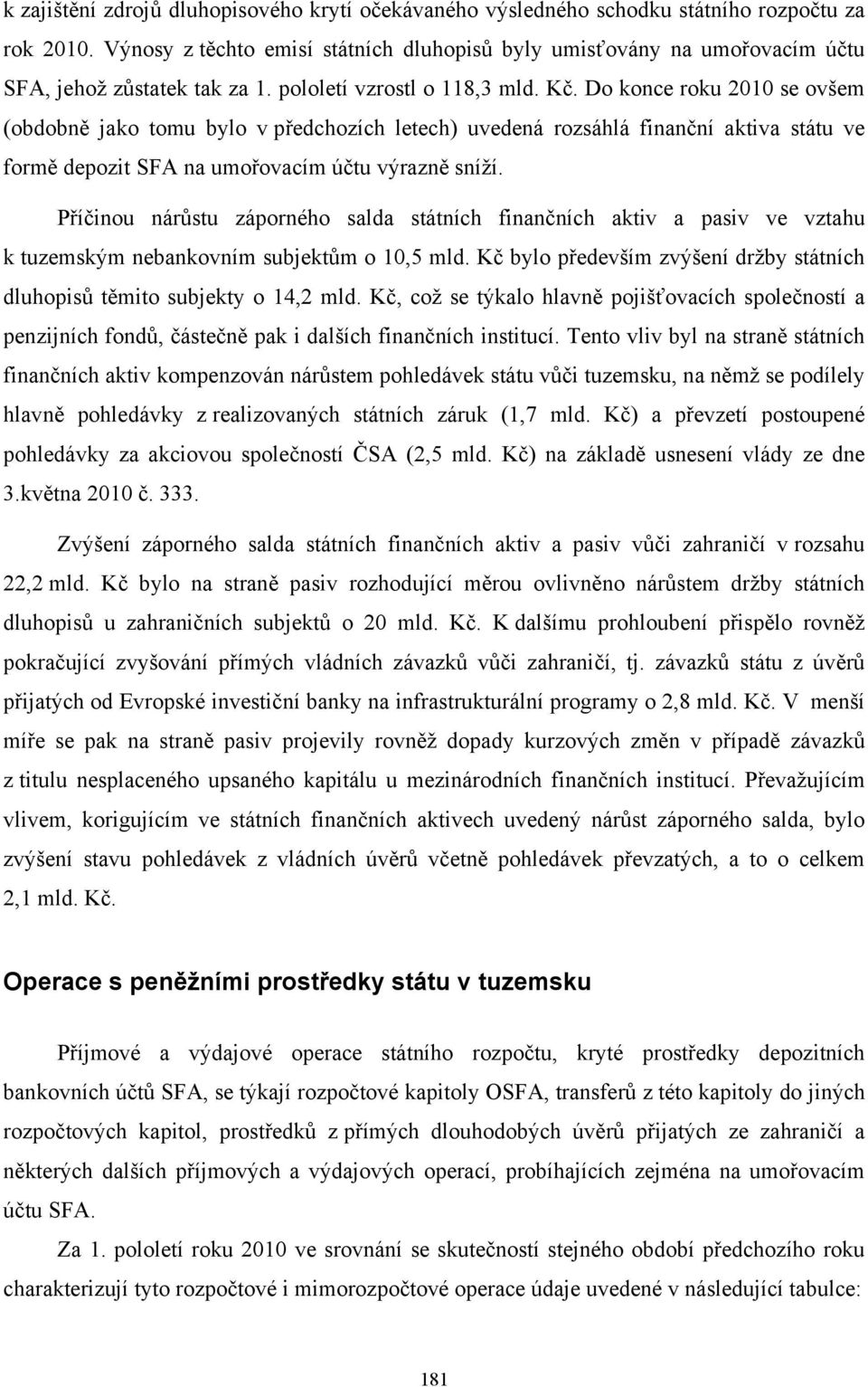 Do konce roku 2010 se ovšem (obdobně jako tomu bylo v předchozích letech) uvedená rozsáhlá finanční aktiva státu ve formě depozit SFA na umořovacím účtu výrazně sníží.