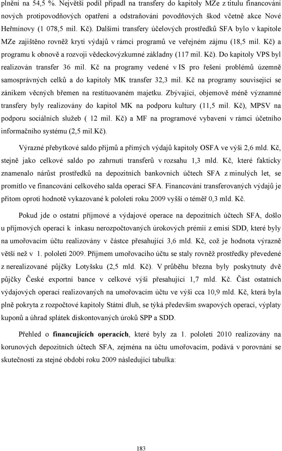 Kč) a programu k obnově a rozvoji vědeckovýzkumné základny (117 mil. Kč). Do kapitoly VPS byl realizován transfer 36 mil.