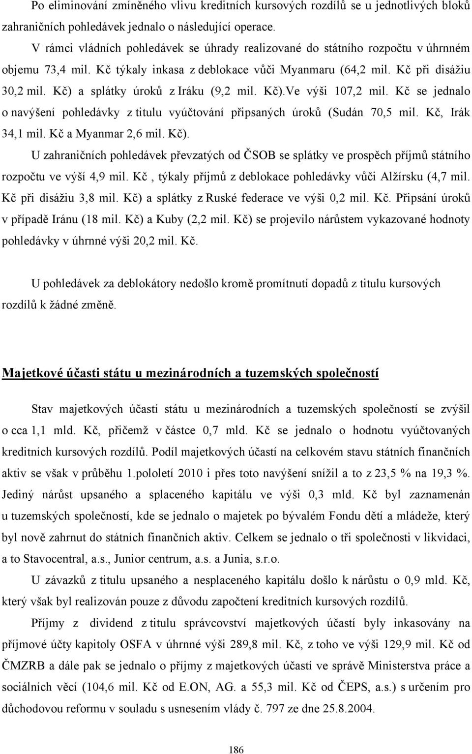 Kč) a splátky úroků z Iráku (9,2 mil. Kč).Ve výši 107,2 mil. Kč se jednalo o navýšení pohledávky z titulu vyúčtování připsaných úroků (Sudán 70,5 mil. Kč, Irák 34,1 mil. Kč a Myanmar 2,6 mil. Kč). U zahraničních pohledávek převzatých od ČSOB se splátky ve prospěch příjmů státního rozpočtu ve výší 4,9 mil.