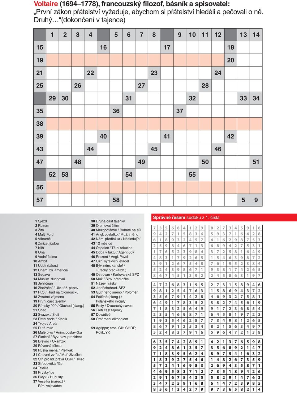 Sjezd 2 Rozum 3 Žita 4 Malý Ford 5 Všeuměl 6 Zmizet jízdou 7 Klih 8 Ona 9 Vodní šelma 10 Ambit 11 Údolí (básn.) 12 Chem. zn. americia 13 Šedavá 14 Muslim. duchovní 15 Jehličnan 16 Zbožnění / Ukr. těž.