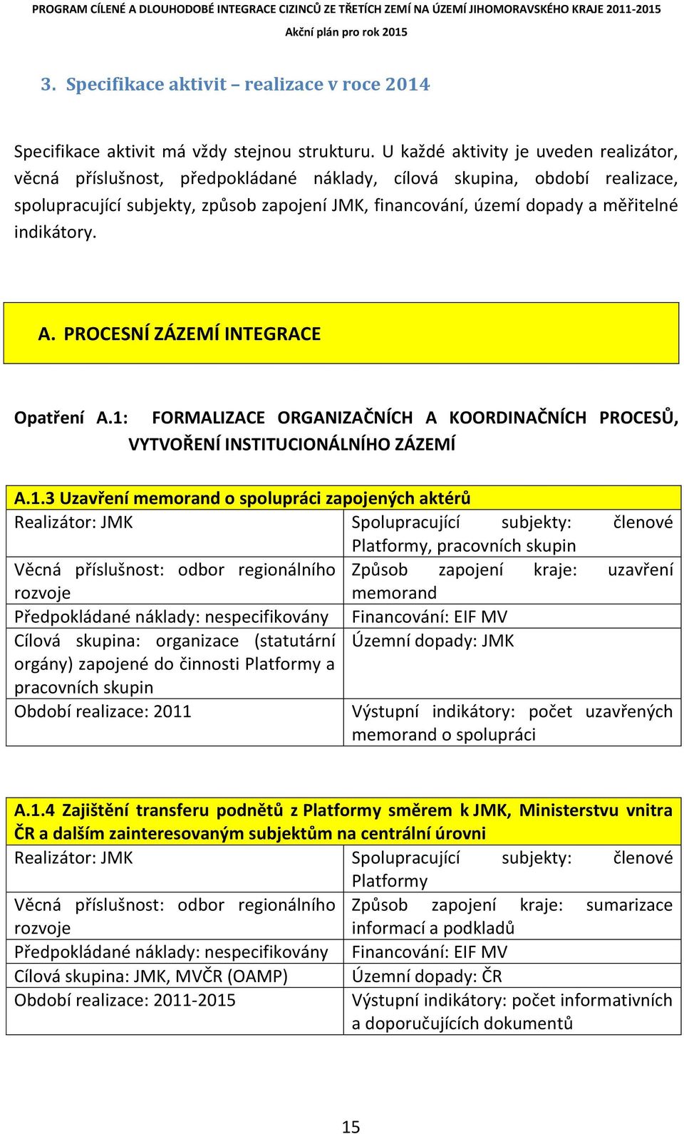 indikátory. A. PROCESNÍ ZÁZEMÍ INTEGRACE Opatření A.1: