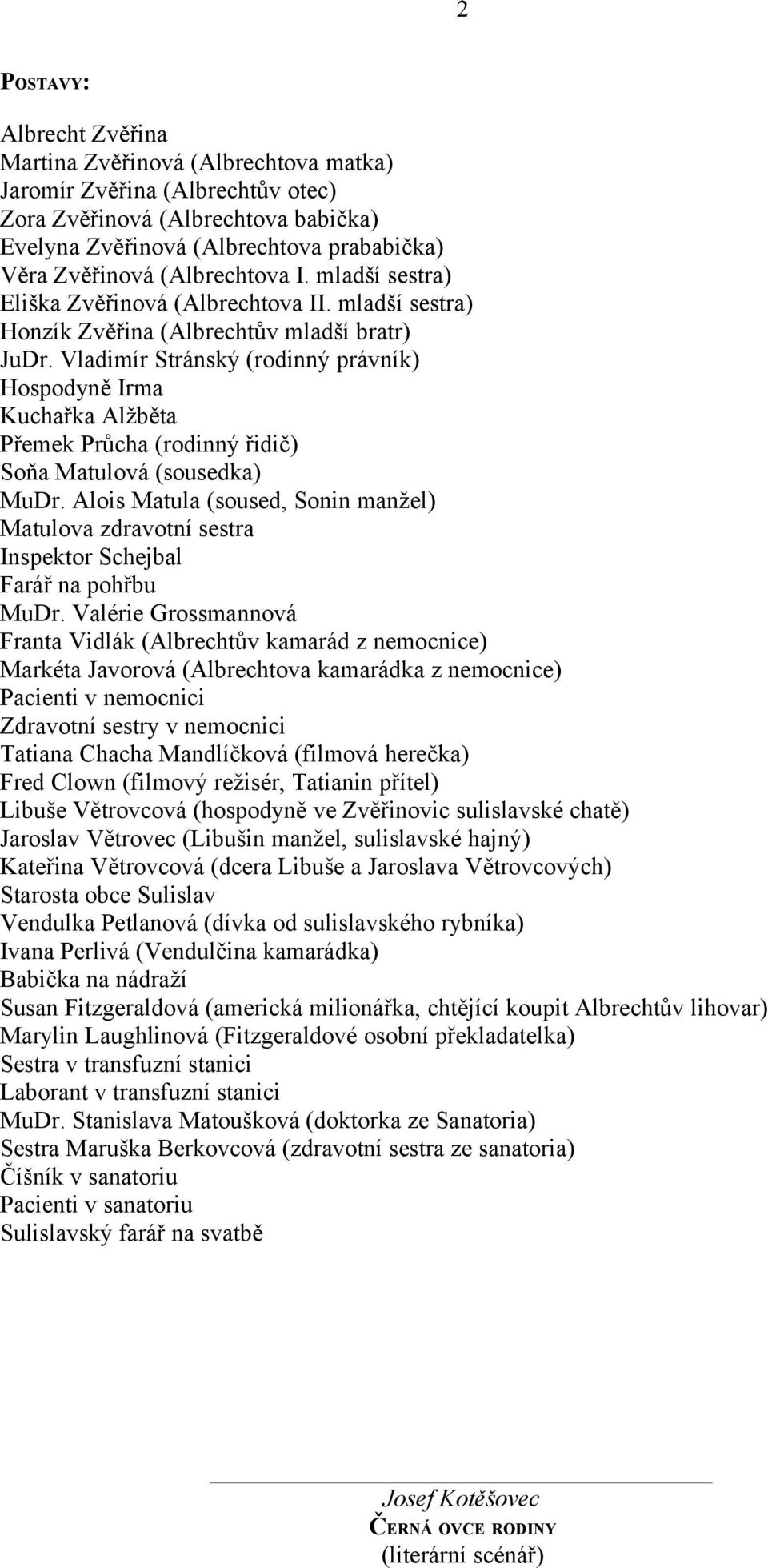 Vladimír Stránský (rodinný právník) Hospodyně Irma Kuchařka Alžběta Přemek Průcha (rodinný řidič) Soňa Matulová (sousedka) MuDr.