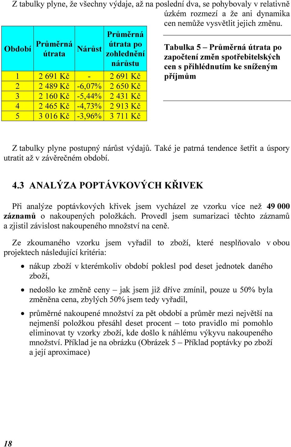 Tabulka 5 Průměrná útrata po započtení změn spotřebitelských cen s přihlédnutím ke sníženým příjmům Z tabulky plyne postupný nárůst výdajů.