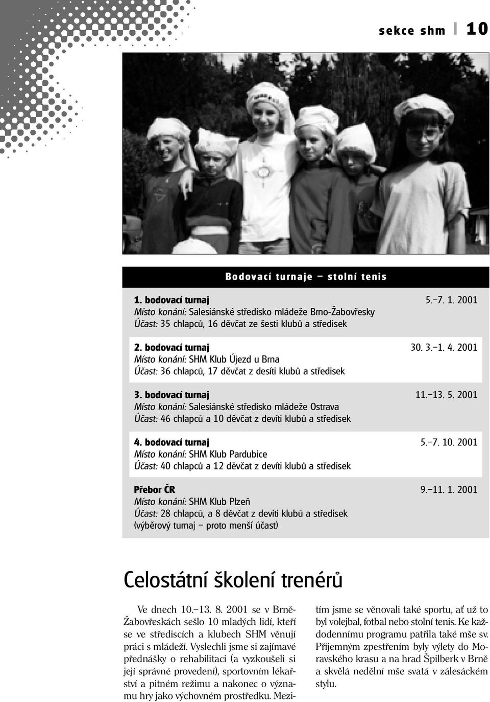 2001 Místo konání: Salesiánské středisko mládeže Ostrava Účast: 46 chlapců a 10 děvčat z devíti klubů a středisek 4. bodovací turnaj 5. 7. 10. 2001 Místo konání: SHM Klub Pardubice Účast: 40 chlapců a 12 děvčat z devíti klubů a středisek Přebor ČR 9.