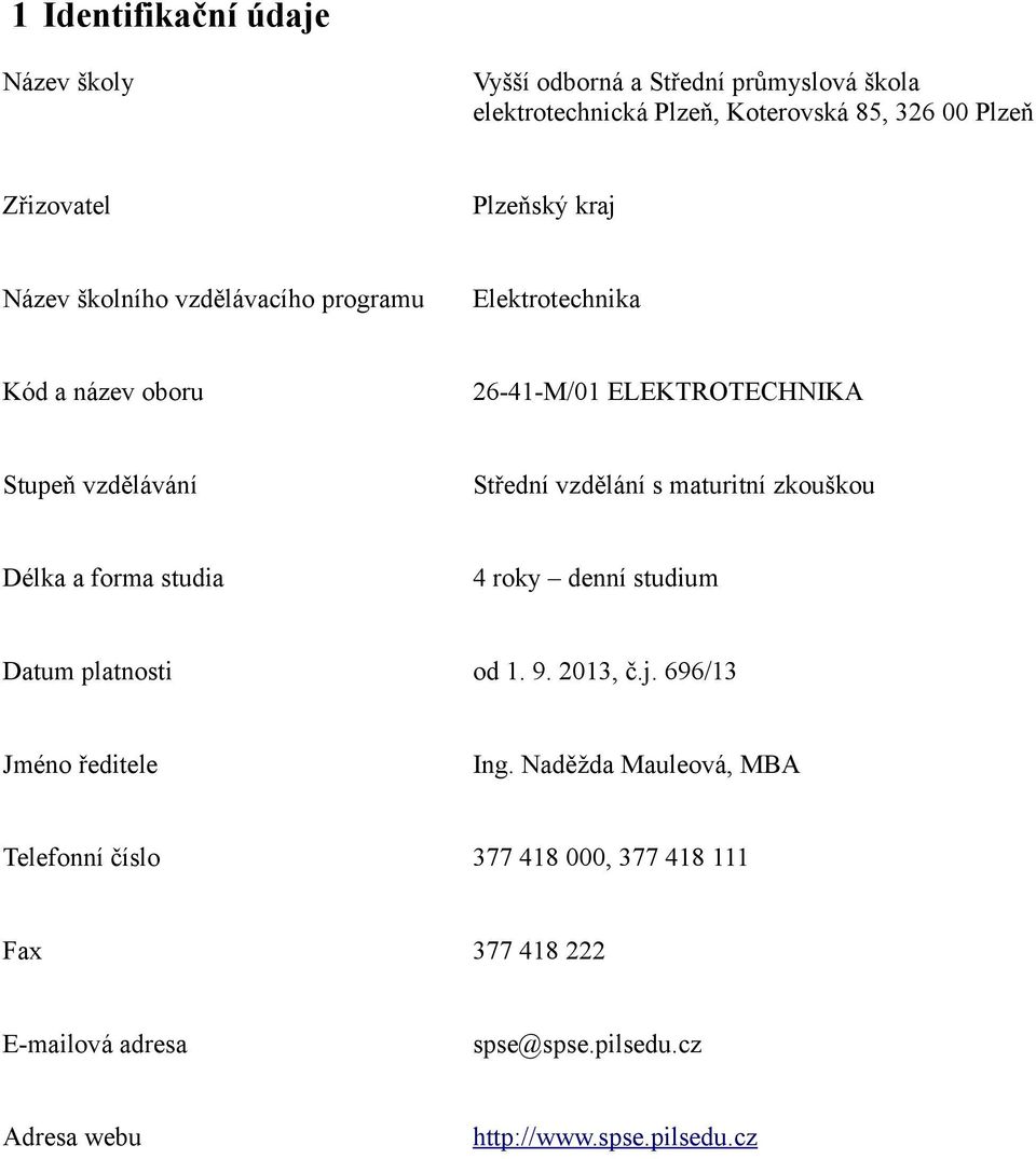 vzdělání s maturitní zkouškou Délka a forma studia 4 roky denní studium Datum platnosti od 1. 9. 2013, č.j. 696/13 Jméno ředitele Ing.