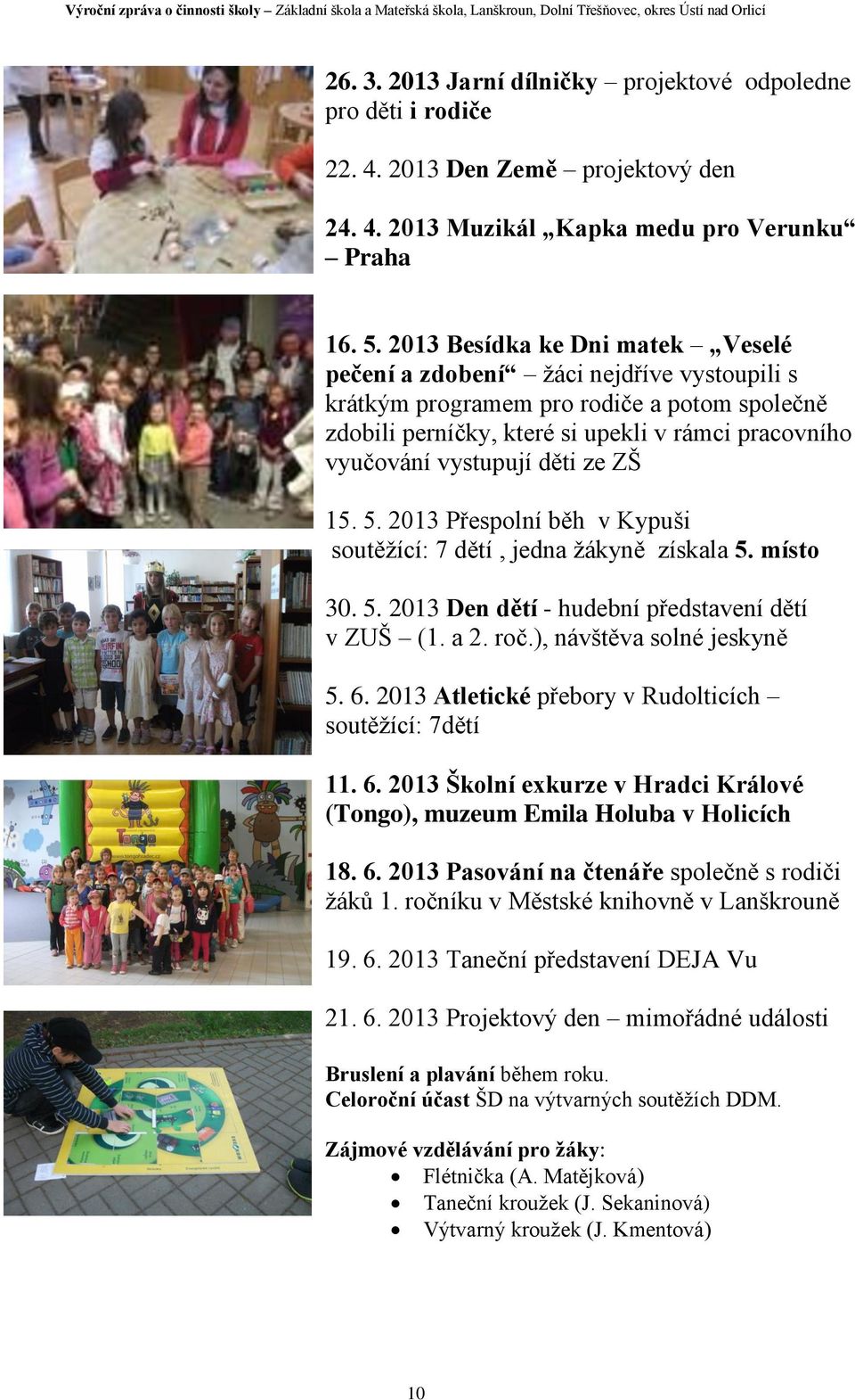 děti ze ZŠ 15. 5. 2013 Přespolní běh v Kypuši soutěžící: 7 dětí, jedna žákyně získala 5. místo 30. 5. 2013 Den dětí - hudební představení dětí v ZUŠ (1. a 2. roč.), návštěva solné jeskyně 5. 6.