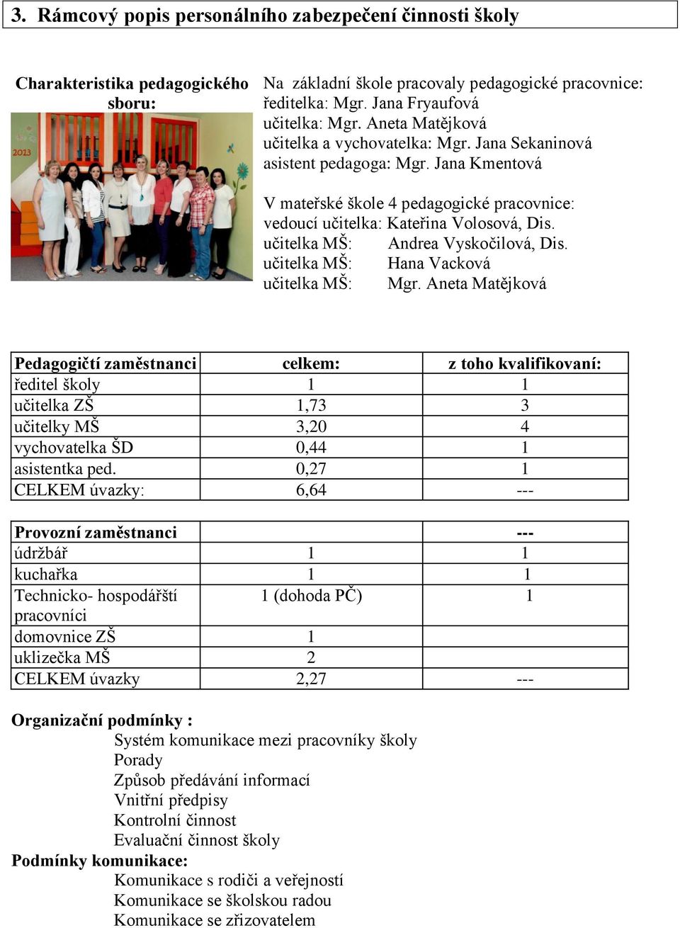 učitelka MŠ: Andrea Vyskočilová, Dis. učitelka MŠ: Hana Vacková učitelka MŠ: Mgr.