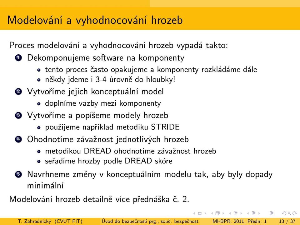 2 Vytvoříme jejich konceptuální model doplníme vazby mezi komponenty 3 Vytvoříme a popíšeme modely hrozeb použijeme například metodiku STRIDE 4 Ohodnotíme závažnost