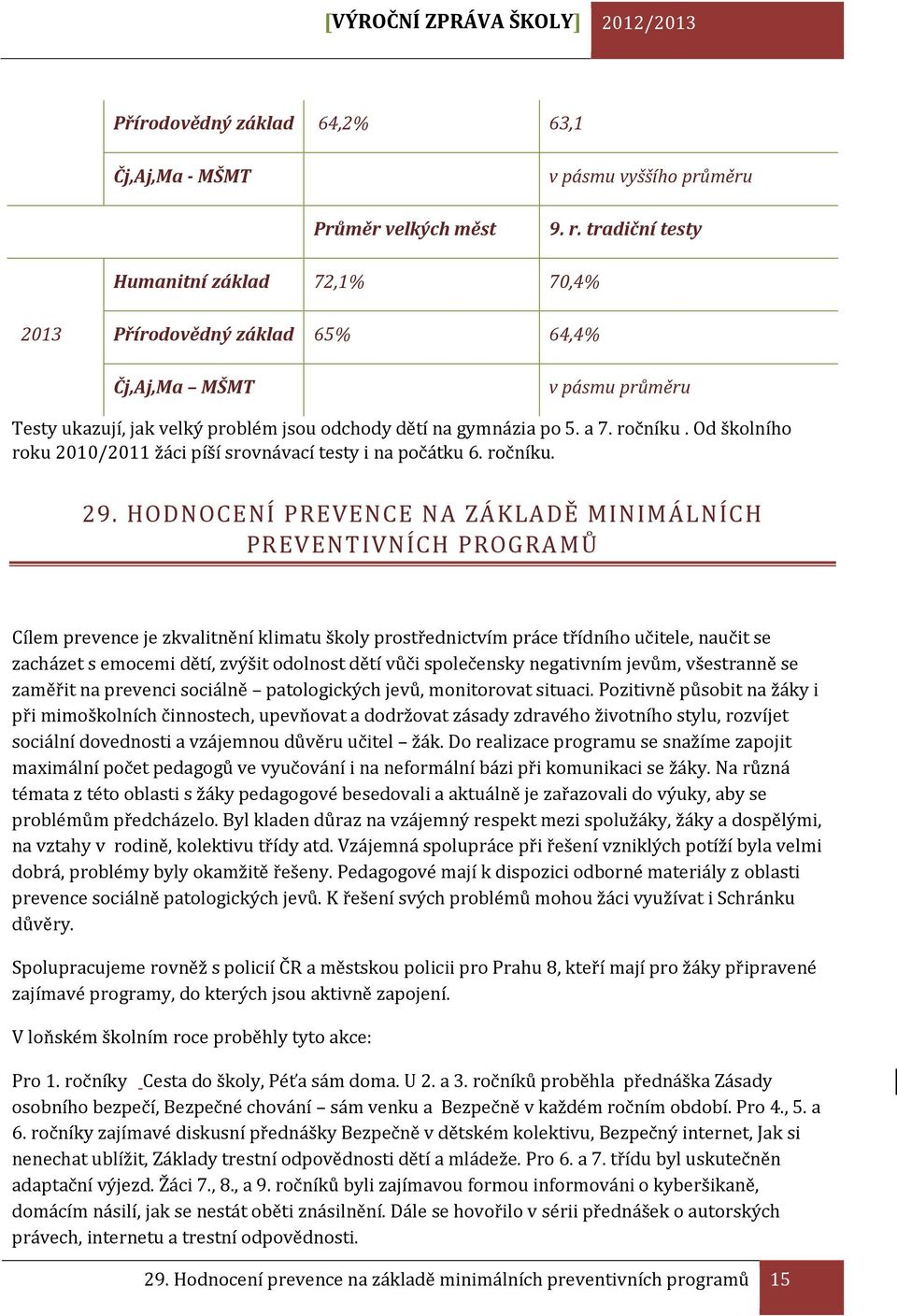 Od školního roku 2010/2011 žáci píší srovnávací testy i na počátku 6. ročníku. 29.