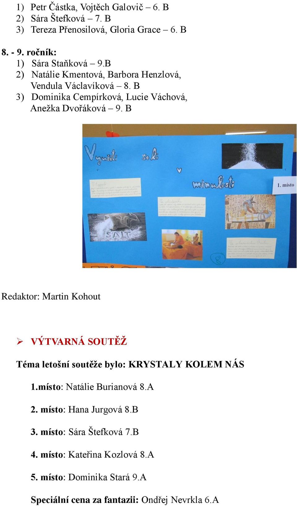 B Redaktor: Martin Kohout VÝTVARNÁ SOUTĚŽ Téma letošní soutěže bylo: KRYSTALY KOLEM NÁS 1.místo: Natálie Burianová 8.A 2.