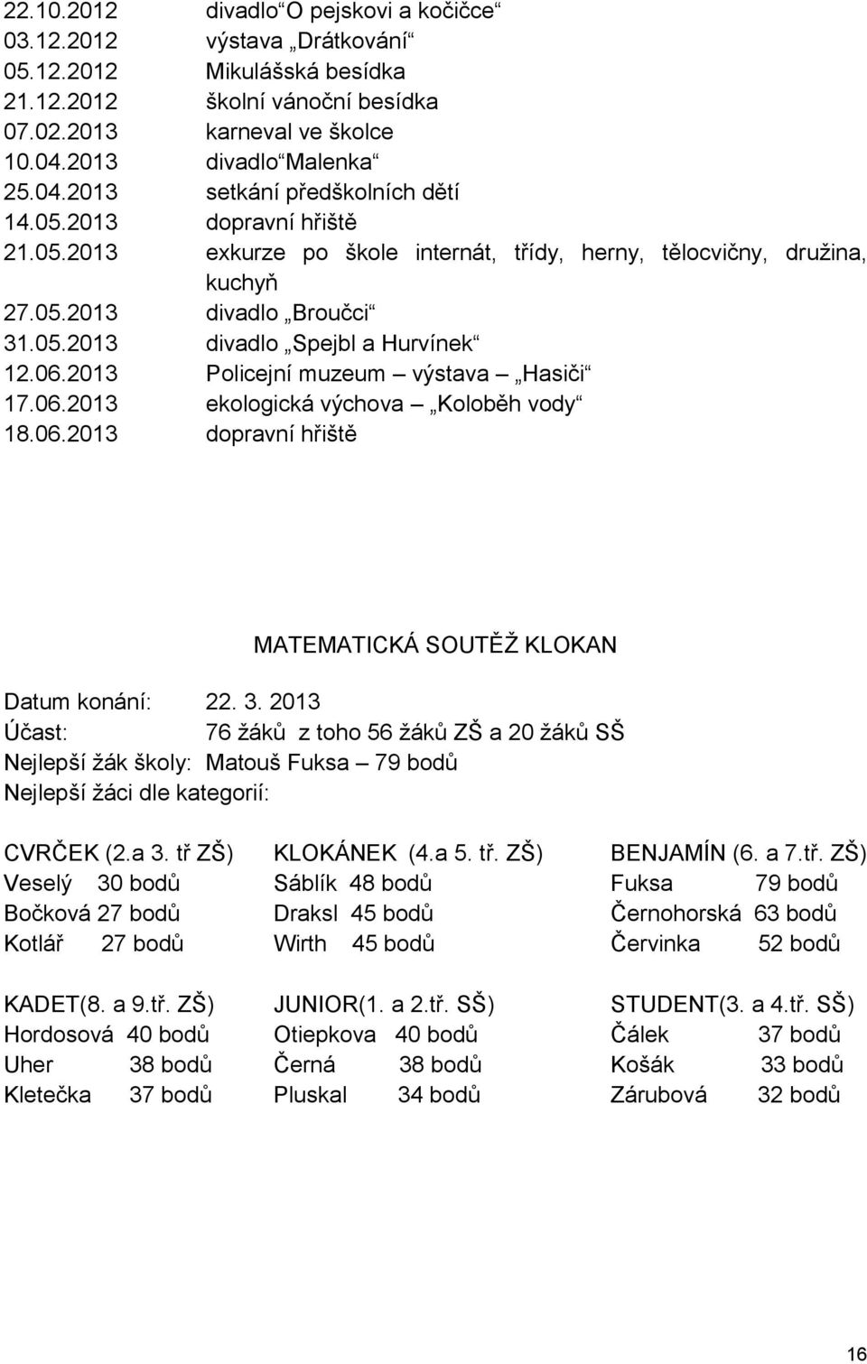 06.2013 Policejní muzeum výstava Hasiči 17.06.2013 ekologická výchova Koloběh vody 18.06.2013 dopravní hřiště MATEMATICKÁ SOUTĚŽ KLOKAN Datum konání: 22. 3.