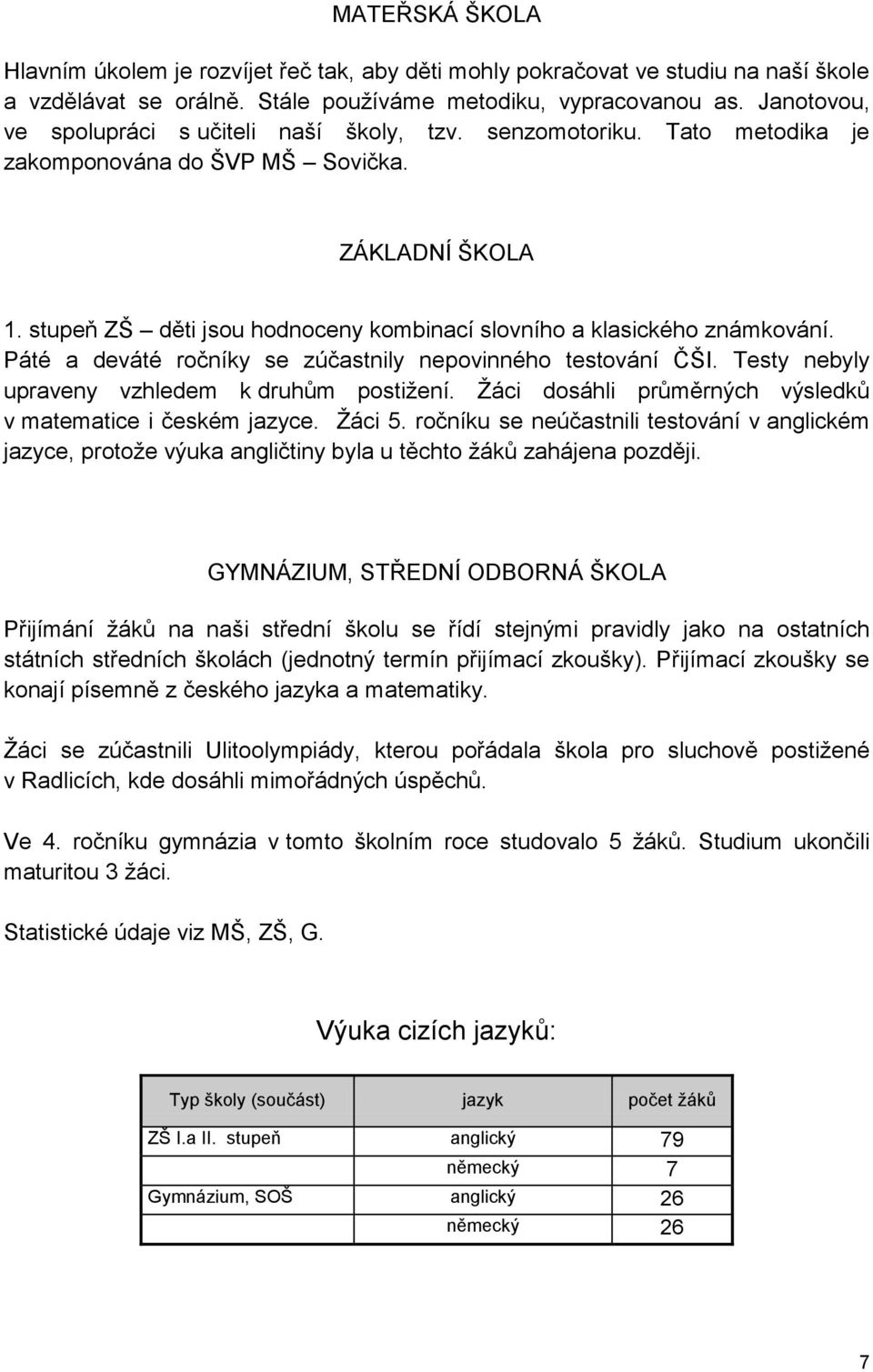 stupeň ZŠ děti jsou hodnoceny kombinací slovního a klasického známkování. Páté a deváté ročníky se zúčastnily nepovinného testování ČŠI. Testy nebyly upraveny vzhledem k druhům postižení.