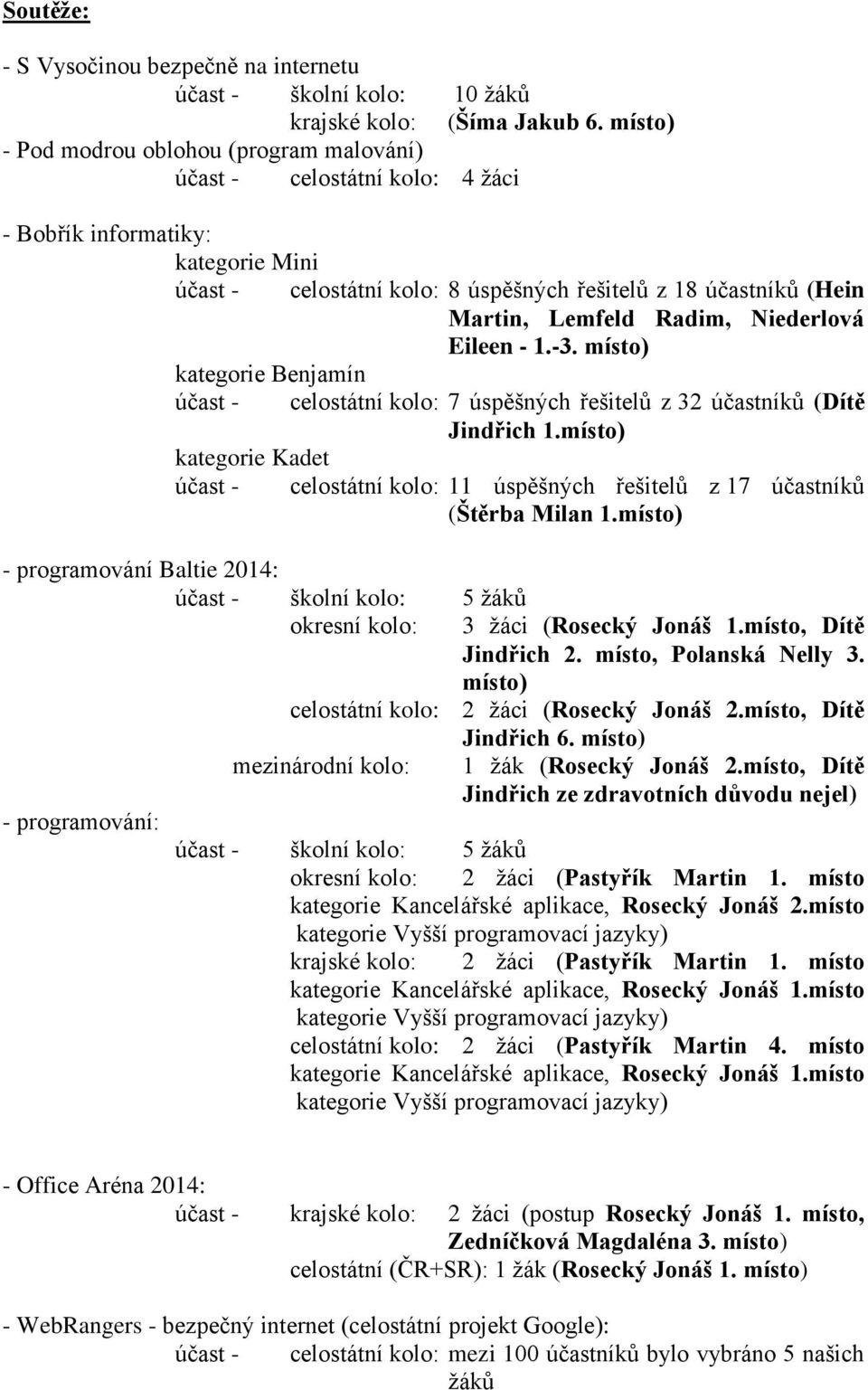 Radim, Niederlová Eileen - 1.-3. místo) kategorie Benjamín účast - celostátní kolo: 7 úspěšných řešitelů z 32 účastníků (Dítě Jindřich 1.