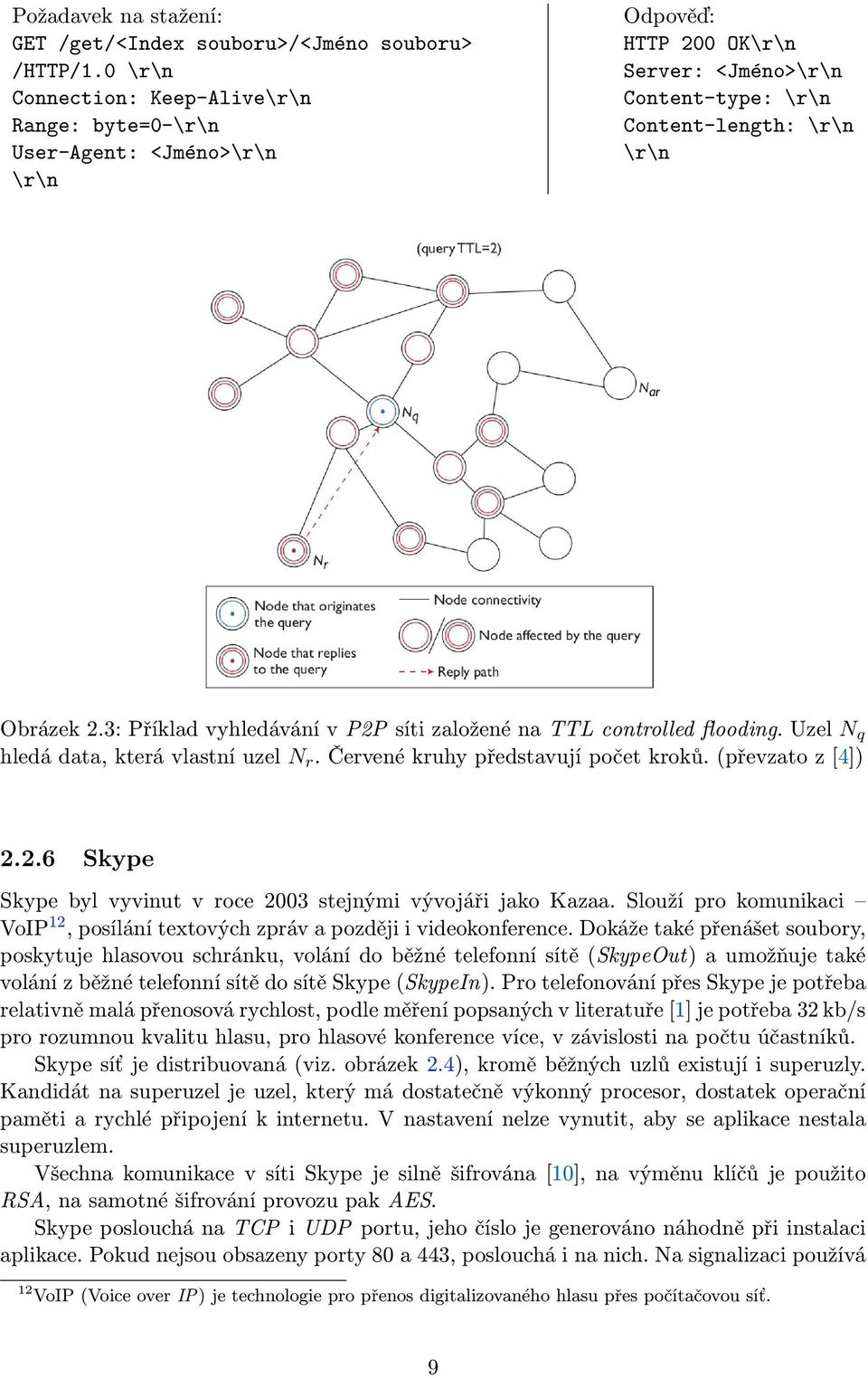 3: Příklad vyhledávání v P2P síti založené na TTL controlled flooding. Uzel N q hledá data, která vlastní uzel N r. Červené kruhy představují počet kroků. (převzato z [4]) 2.2.6 Skype Skype byl vyvinut v roce 2003 stejnými vývojáři jako Kazaa.