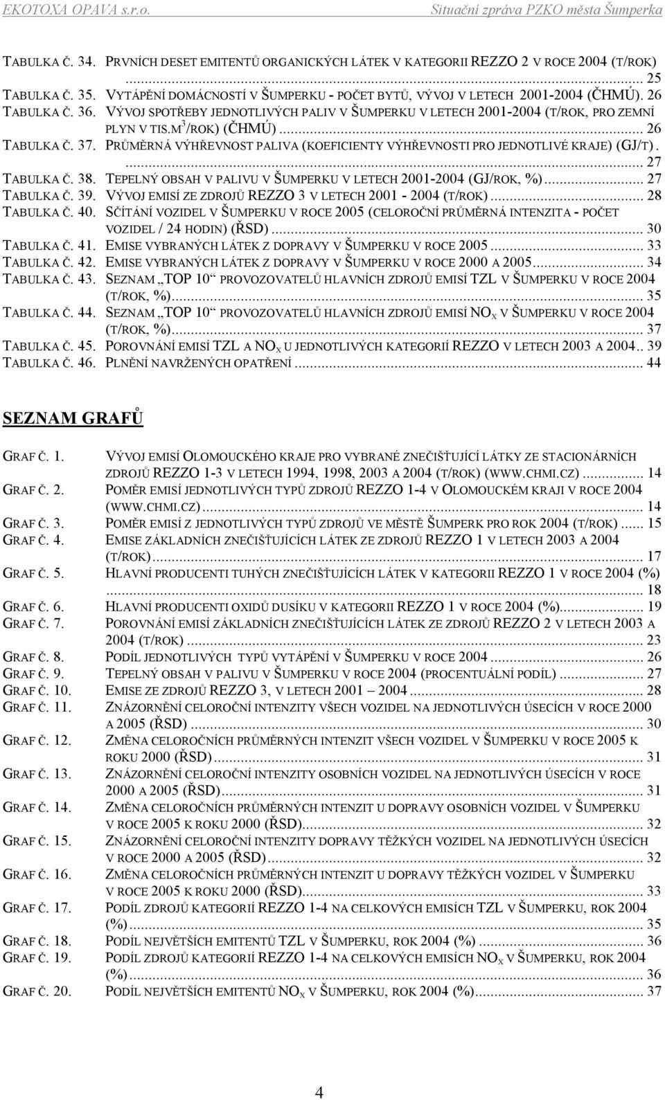 PRŮMĚRNÁ VÝHŘEVNOST PALIVA (KOEFICIENTY VÝHŘEVNOSTI PRO JEDNOTLIVÉ KRAJE) (GJ/T)....27 TABULKA Č. 38. TEPELNÝ OBSAH V PALIVU V ŠUMPERKU V LETECH 2001-2004 (GJ/ROK, %)...27 TABULKA Č. 39.