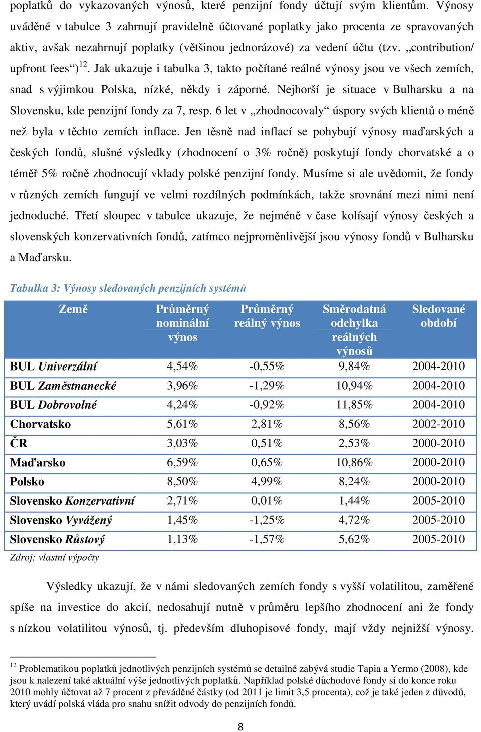 contribution/ upfront fees ) 12. Jak ukazuje i tabulka 3, takto počítané reálné výnosy jsou ve všech zemích, snad s výjimkou Polska, nízké, někdy i záporné.