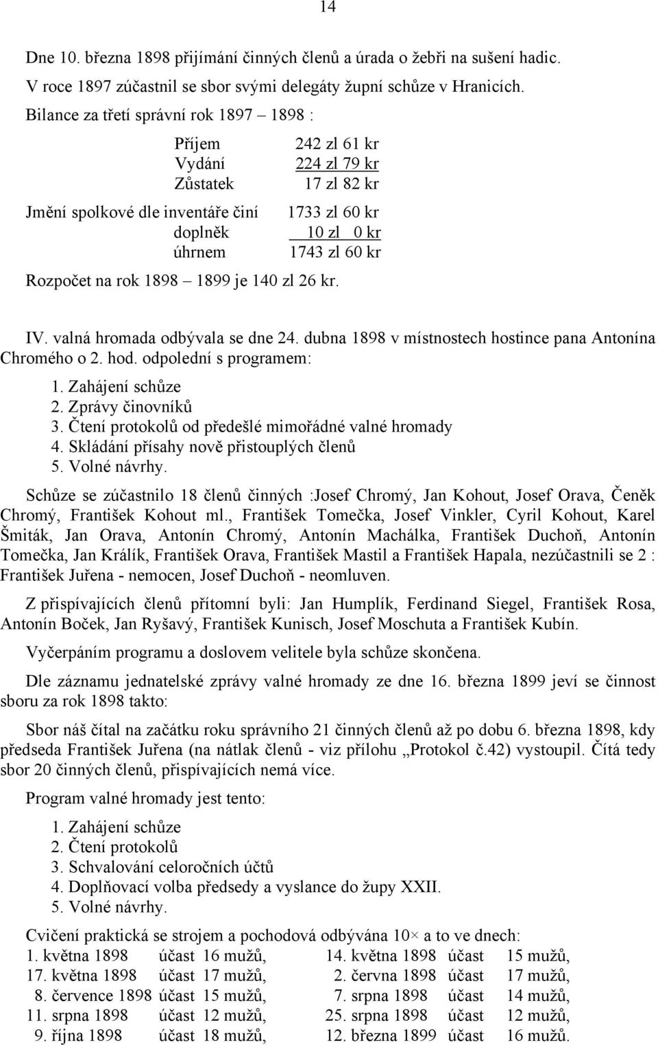 na rok 1898 1899 je 140 zl 26 kr. IV. valná hromada odbývala se dne 24. dubna 1898 v místnostech hostince pana Antonína Chromého o 2. hod. odpolední s programem: 1. Zahájení schůze 2.