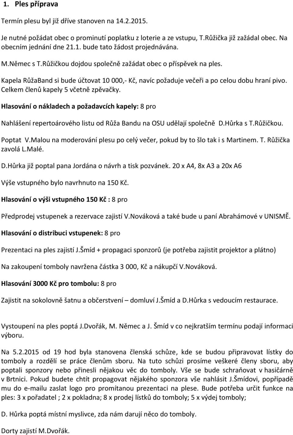 Celkem členů kapely 5 včetně zpěvačky. Hlasování o nákladech a požadavcích kapely: 8 pro Nahlášení repertoárového listu od Růža Bandu na OSU udělají společně D.Hůrka s T.Růžičkou. Poptat V.