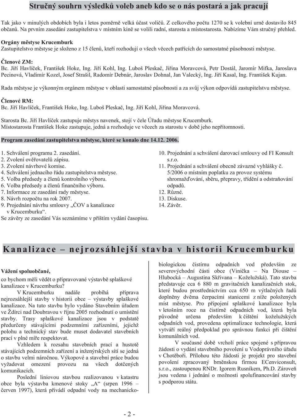 Orgány m styse Krucemburk Zastupitelstvo m styse je složeno z 15 len, kte í rozhodují o všech v cech pat ících do samostatné p sobnosti m styse. lenové ZM: Bc. Ji í Havlí ek, František Hoke, Ing.