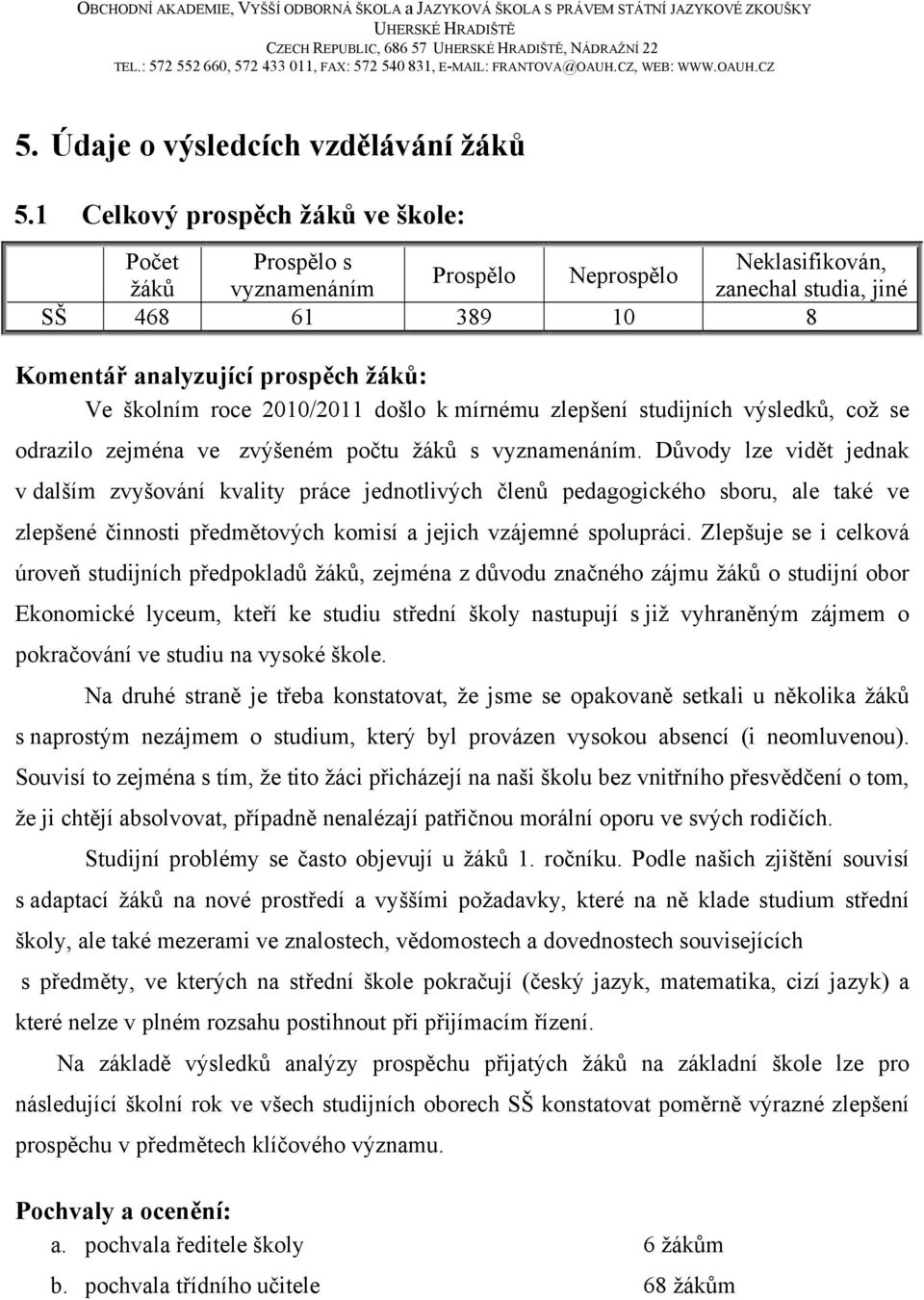 2010/2011 došlo k mírnému zlepšení studijních výsledků, což se odrazilo zejména ve zvýšeném počtu žáků s vyznamenáním.