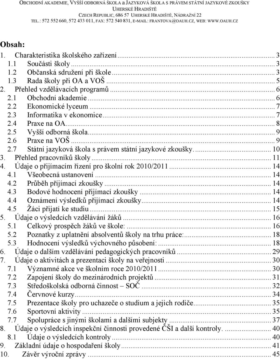 6 Praxe na VOŠ... 9 2.7 Státní jazyková škola s právem státní jazykové zkoušky.... 10 3. Přehled pracovníků školy... 11 4. Údaje o přijímacím řízení pro školní rok 2010/2011... 14 4.