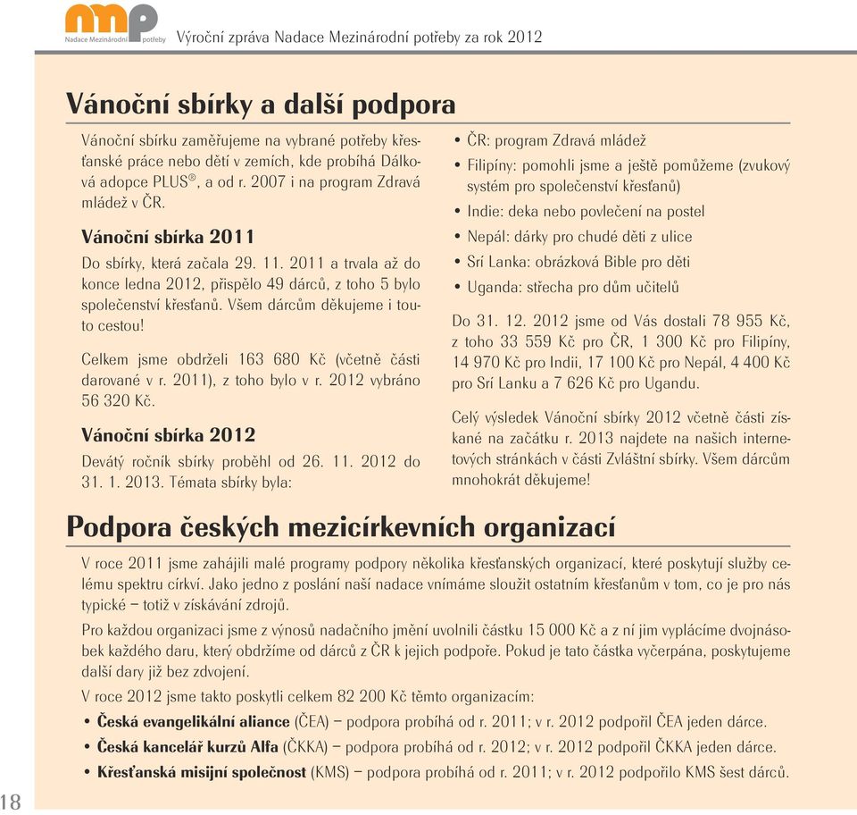 Všem dárcům děkujeme i touto cestou! Celkem jsme obdrželi 163 680 Kč (včetně části darované v r. 2011), z toho bylo v r. 2012 vybráno 56 320 Kč. Vánoční sbírka 2012 Devátý ročník sbírky proběhl od 26.