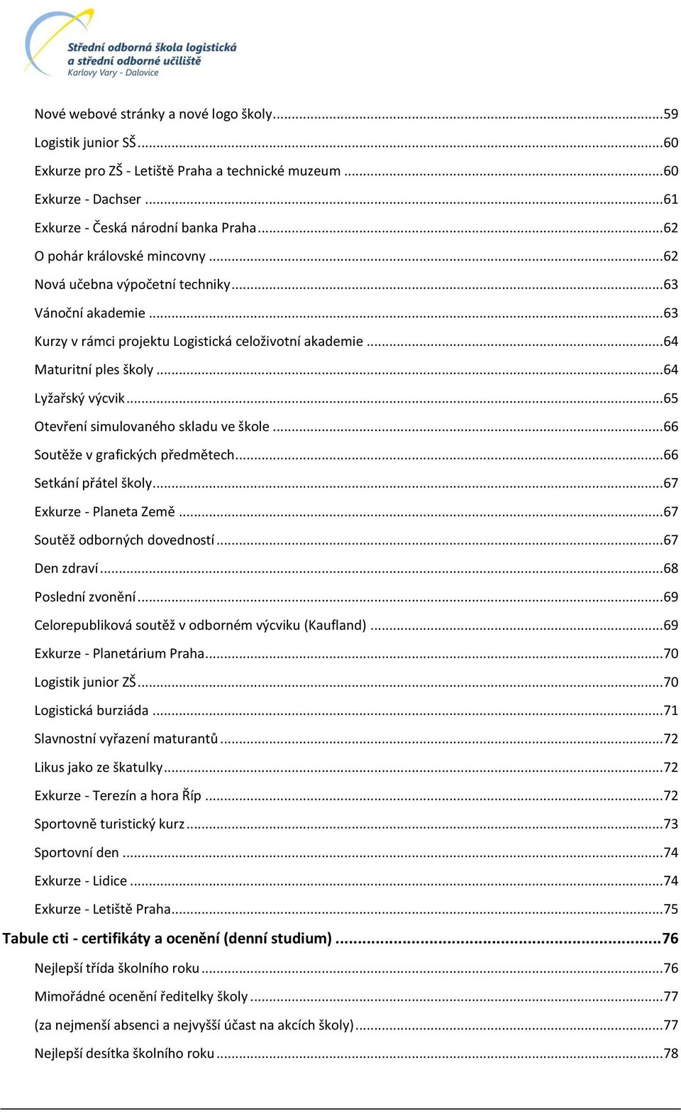 .. 64 Lyžařský výcvik... 65 Otevření simulovaného skladu ve škole... 66 Soutěže v grafických předmětech... 66 Setkání přátel školy... 67 Exkurze - Planeta Země... 67 Soutěž odborných dovedností.