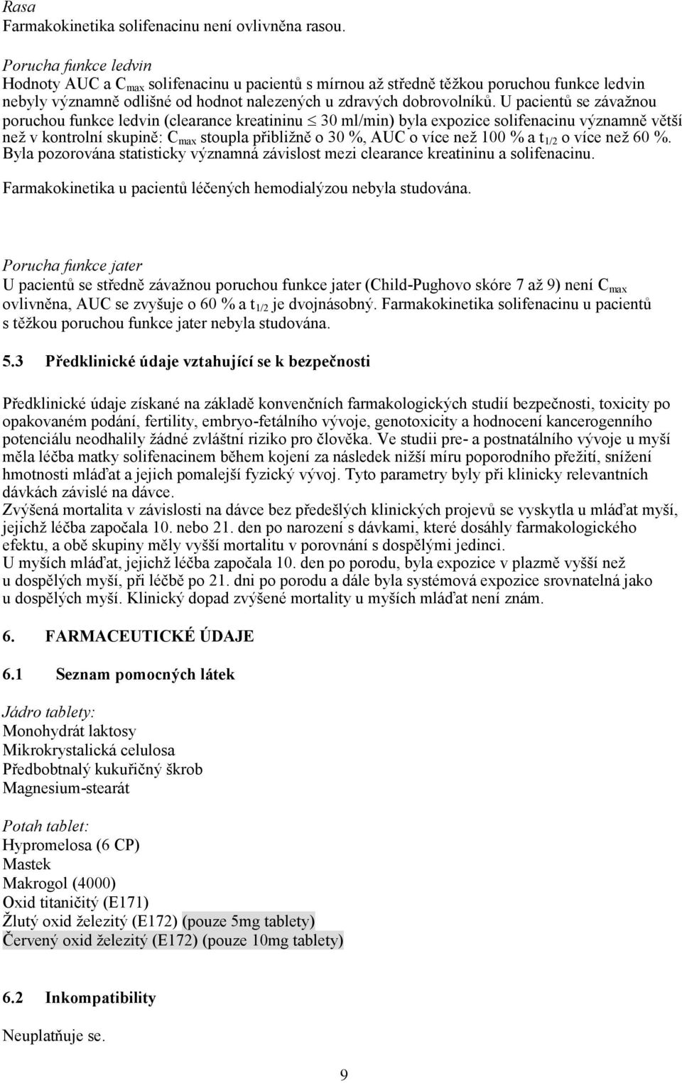 U pacietů se závažou poruchou fukce ledvi (clearace kreatiiu 30 ml/mi) byla expozice solifeaciu výzamě větší ež v kotrolí skupiě: C max stoupla přibližě o 30 %, AUC o více ež 100 % a t 1/2 o více ež