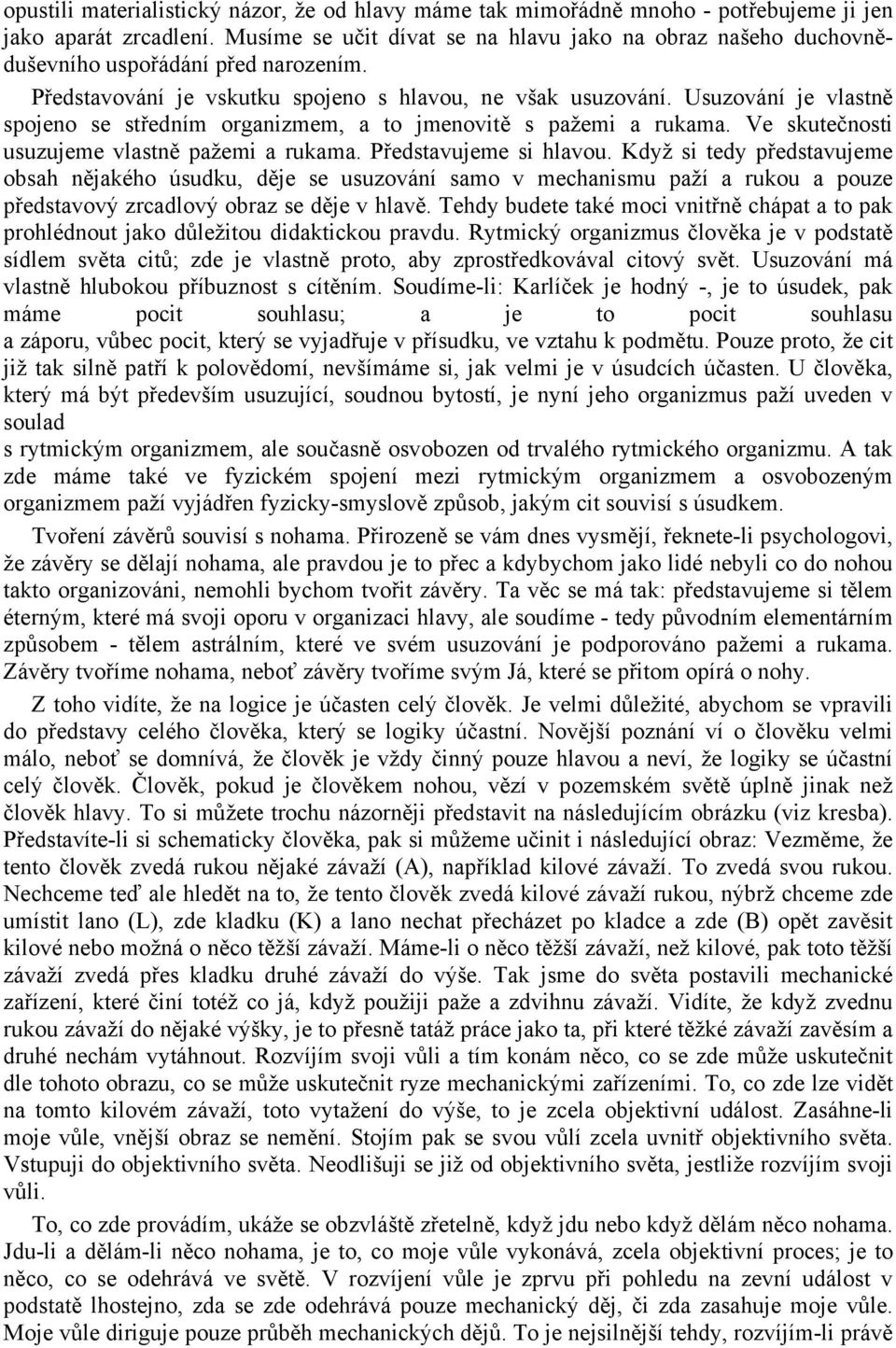 Usuzování je vlastně spojeno se středním organizmem, a to jmenovitě s pažemi a rukama. Ve skutečnosti usuzujeme vlastně pažemi a rukama. Představujeme si hlavou.