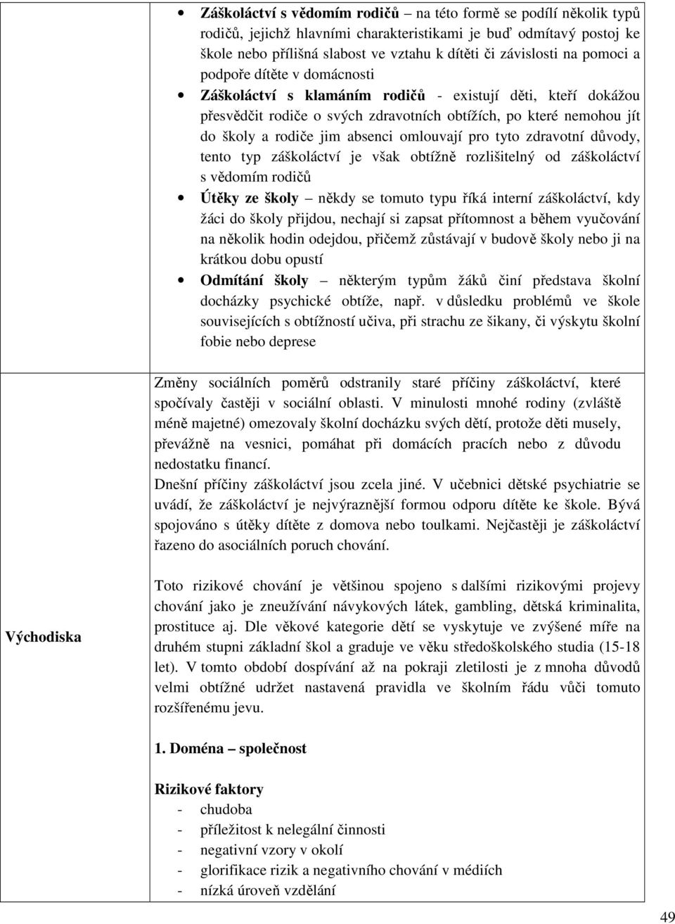 omlouvají pro tyto zdravotní důvody, tento typ záškoláctví je však obtížně rozlišitelný od záškoláctví s vědomím rodičů Útěky ze školy někdy se tomuto typu říká interní záškoláctví, kdy žáci do školy